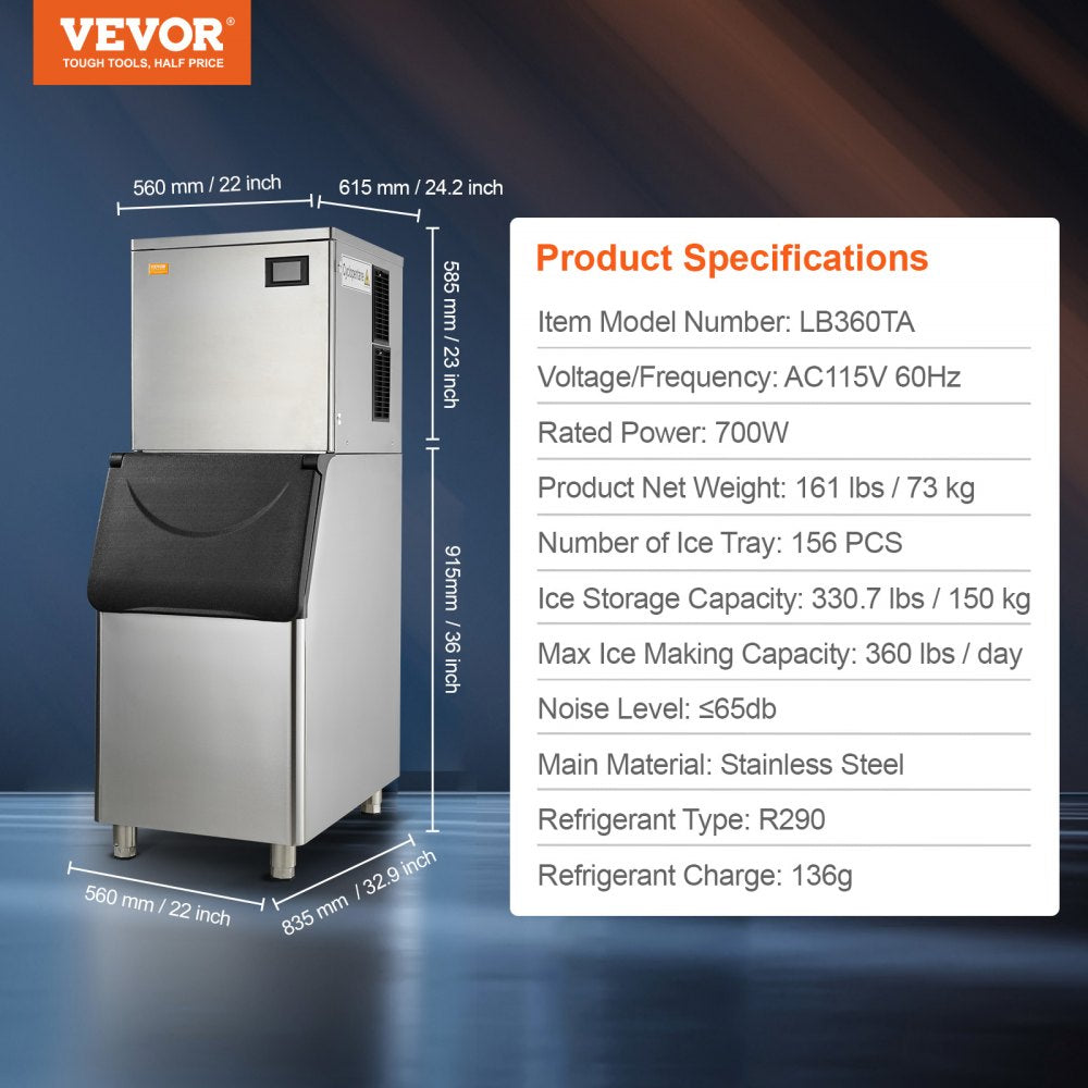 VEVOR Commercial Ice Maker, 360LBS/24H Ice Making Machine with 330.7LBS Large Storage Bin, 700W Auto Self-Cleaning Ice Maker Machine with 3.5-inch LED Panel for Bar Cafe Restaurant Business 