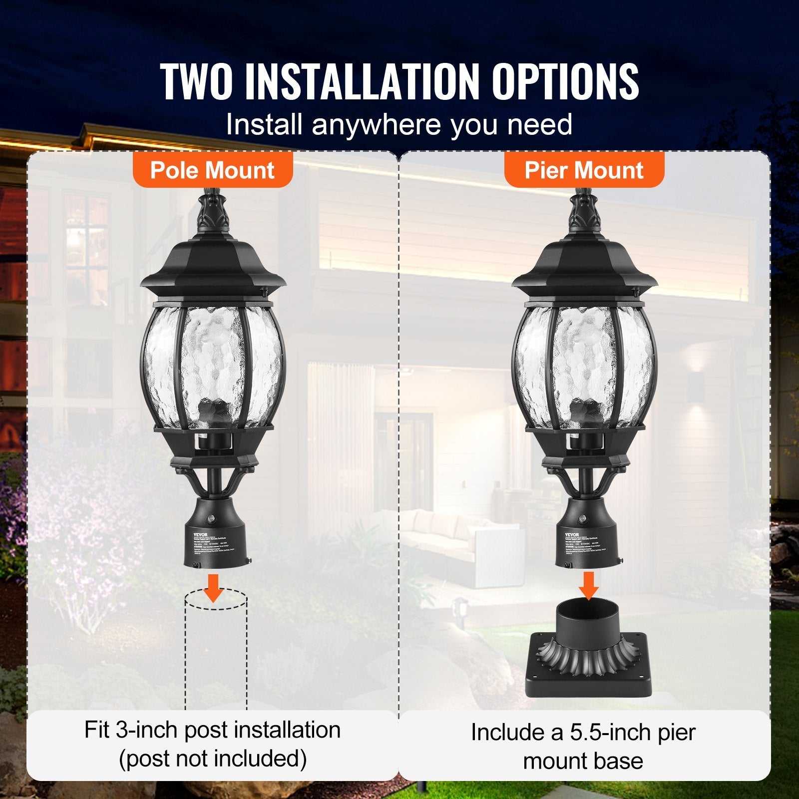 VEVOR 2 PCs Dusk to Dawn Outdoor Lamp Post Light Fixture 20.87in Pole Pier Mount 