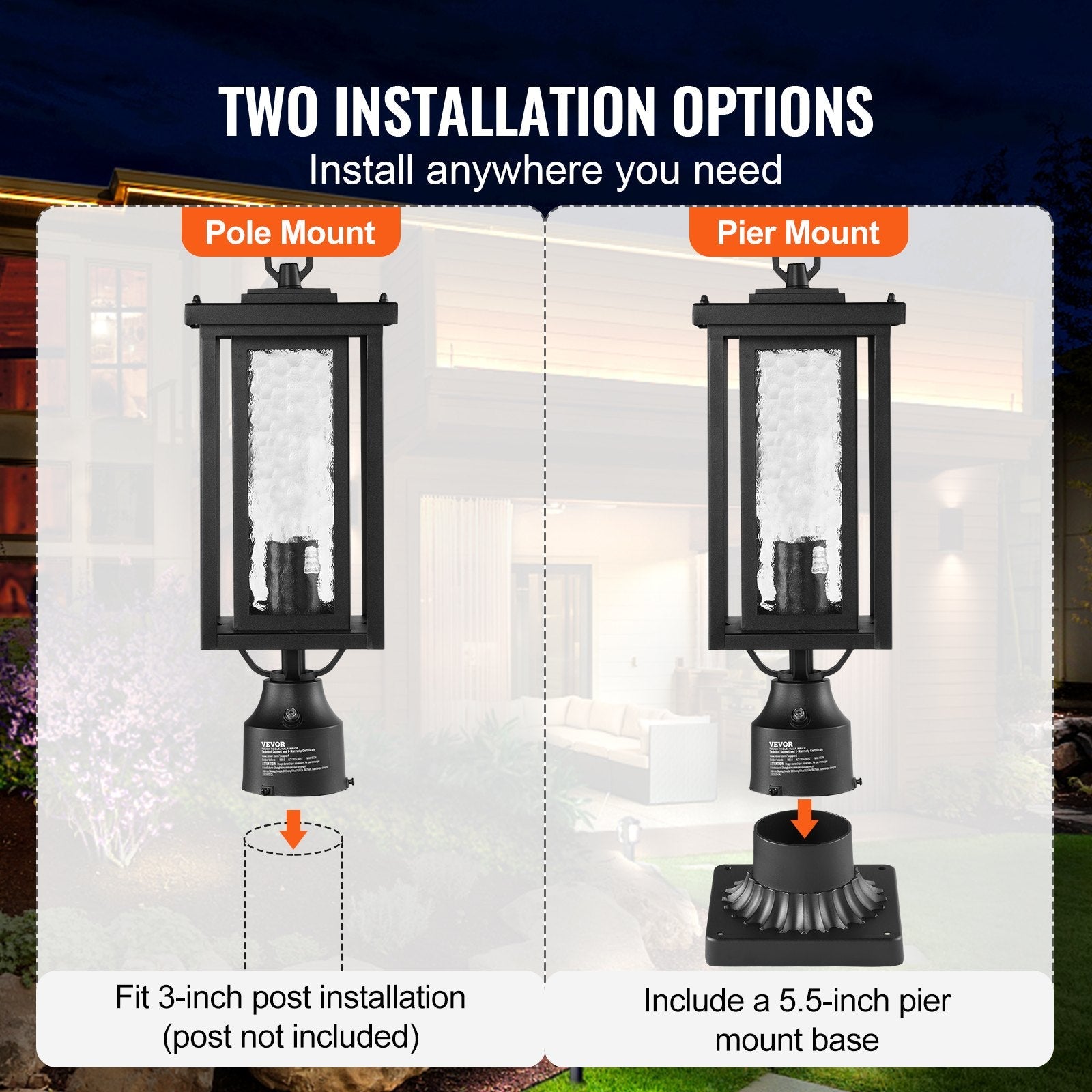 VEVOR 2 PCs Dusk to Dawn Outdoor Lamp Post Light Fixture 17.72in Pole Pier Mount 