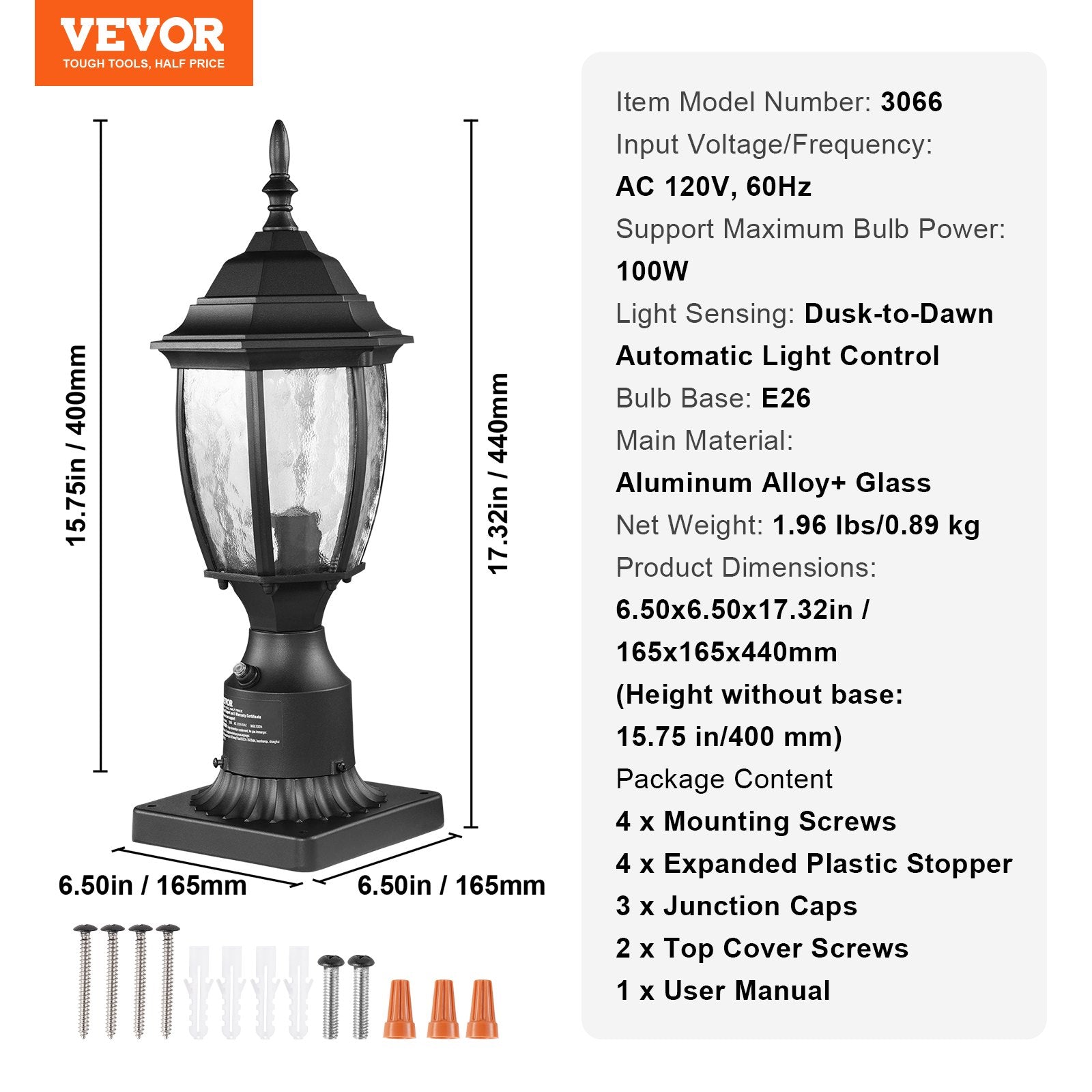 VEVOR Dusk to Dawn Outdoor Lamp Post Light Fixture 15.75 in Pole or Pier Mount 