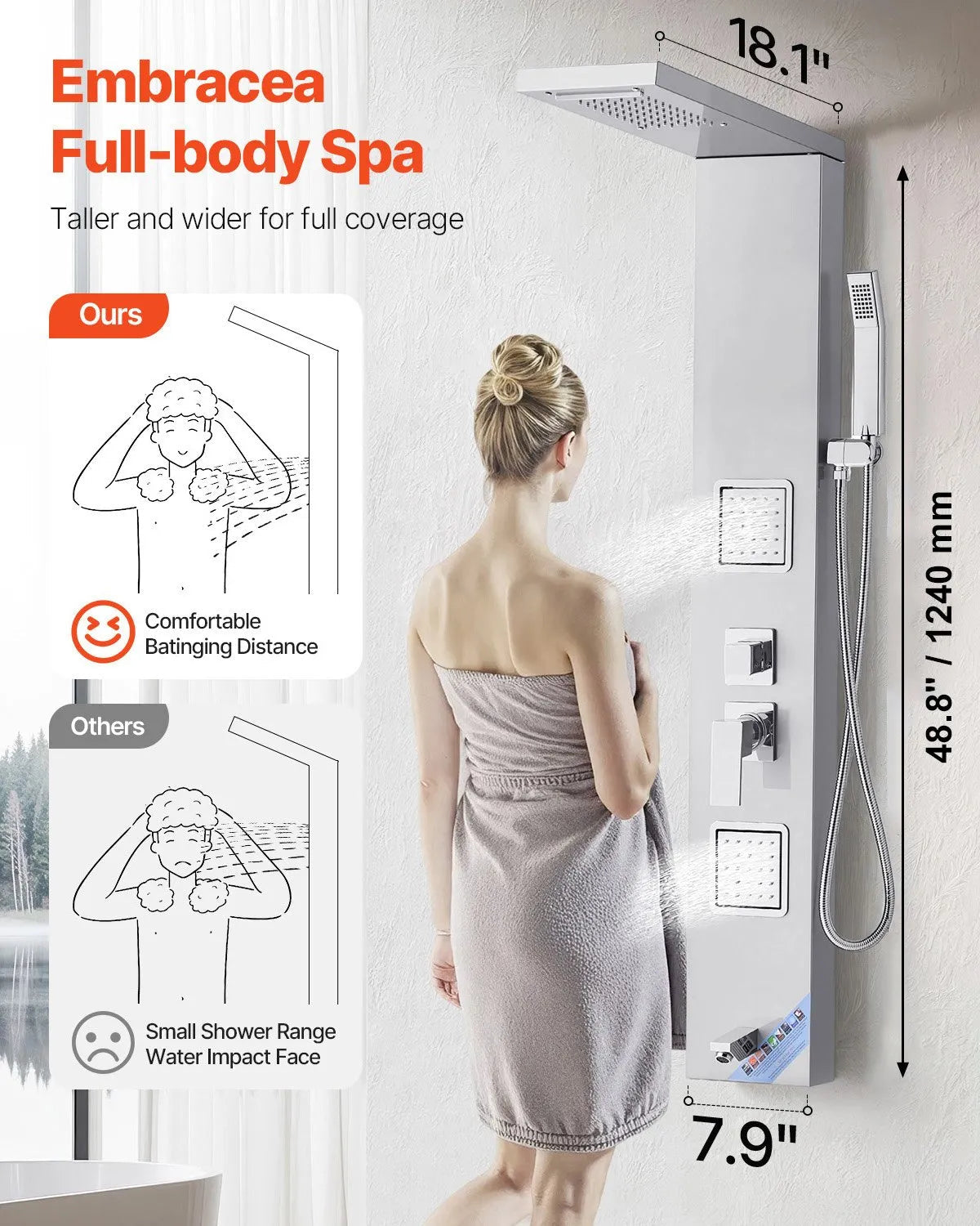 VEVOR Shower Panel Tower System with Rainfall Waterfall Shower Head, 53 in Brushed Stainless Steel Shower Column, 5-Function Faucet, Wall-Mount Rain Massage System with 2 Body Jet, Handheld, Tub Spout 