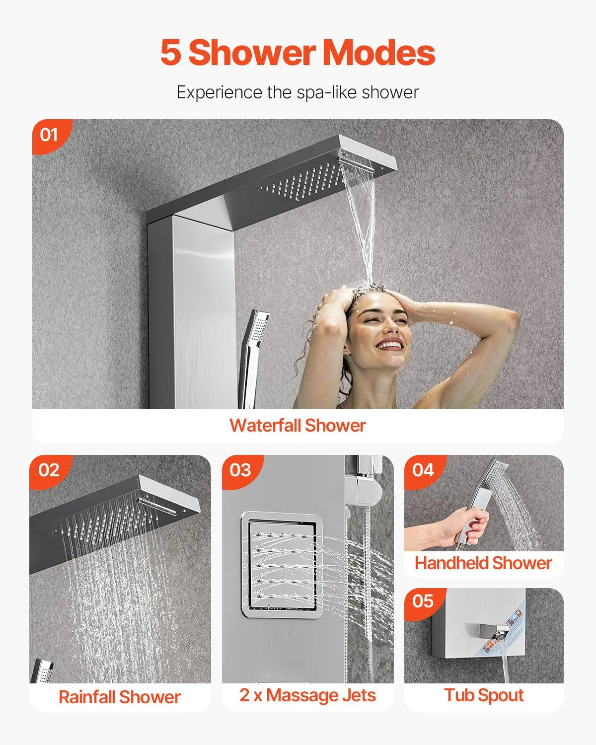 VEVOR Shower Panel Tower System with Rainfall Waterfall Shower Head, 53 in Brushed Stainless Steel Shower Column, 5-Function Faucet, Wall-Mount Rain Massage System with 2 Body Jet, Handheld, Tub Spout 