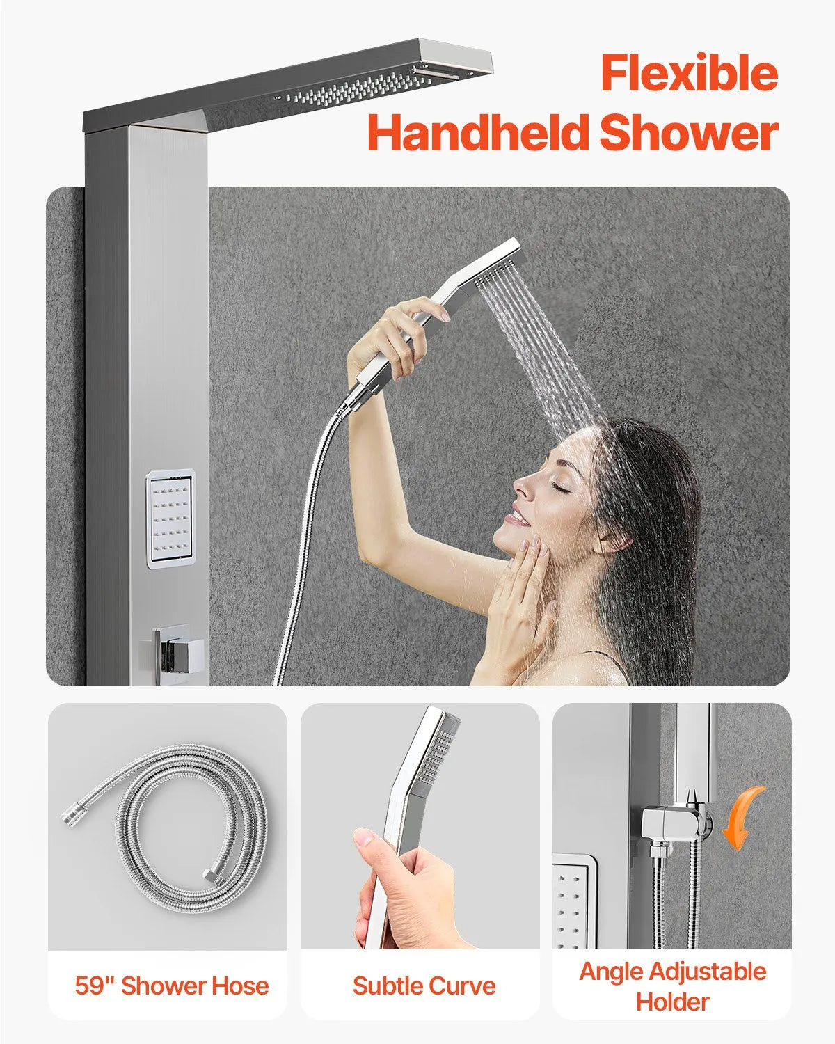 VEVOR Shower Panel Tower System with Rainfall Waterfall Shower Head, 53 in Brushed Stainless Steel Shower Column, 5-Function Faucet, Wall-Mount Rain Massage System with 2 Body Jet, Handheld, Tub Spout 