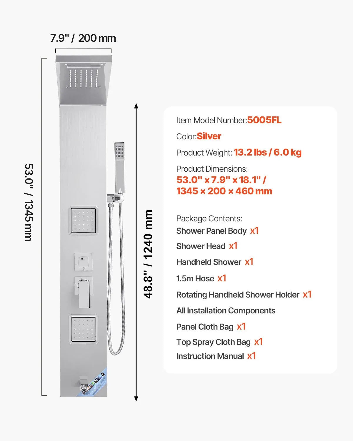 VEVOR Shower Panel Tower System with Rainfall Waterfall Shower Head, 53 in Brushed Stainless Steel Shower Column, 5-Function Faucet, Wall-Mount Rain Massage System with 2 Body Jet, Handheld, Tub Spout 