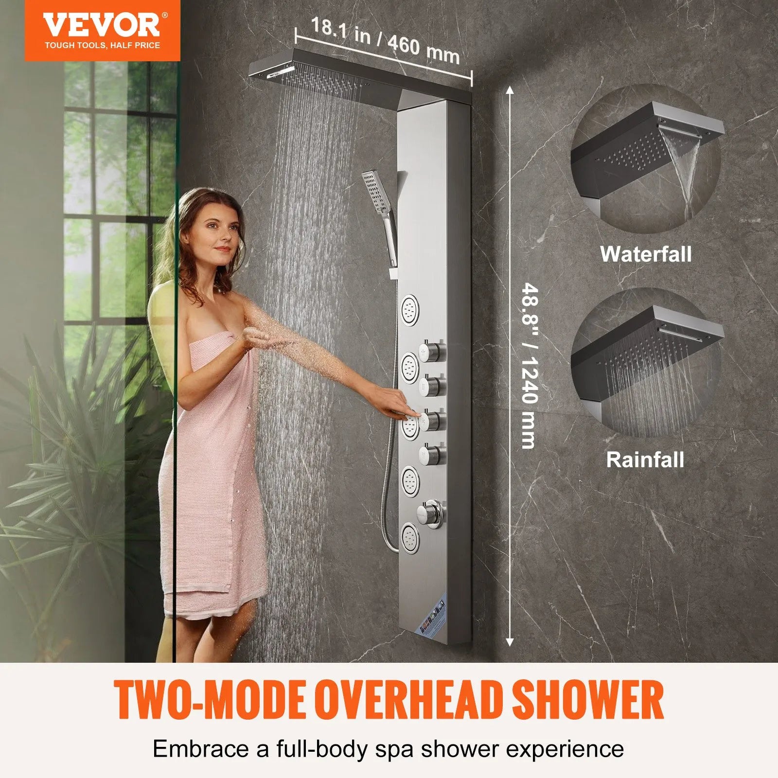 VEVOR Shower Panel System, 4 Shower Modes Shower Panel Tower, Rainfall, Waterfall, 5 Full Body Massage Jets and 3-Setting Handheld Shower Head with 59" Hose, Stainless Steel Wall-Mounted Shower Set
