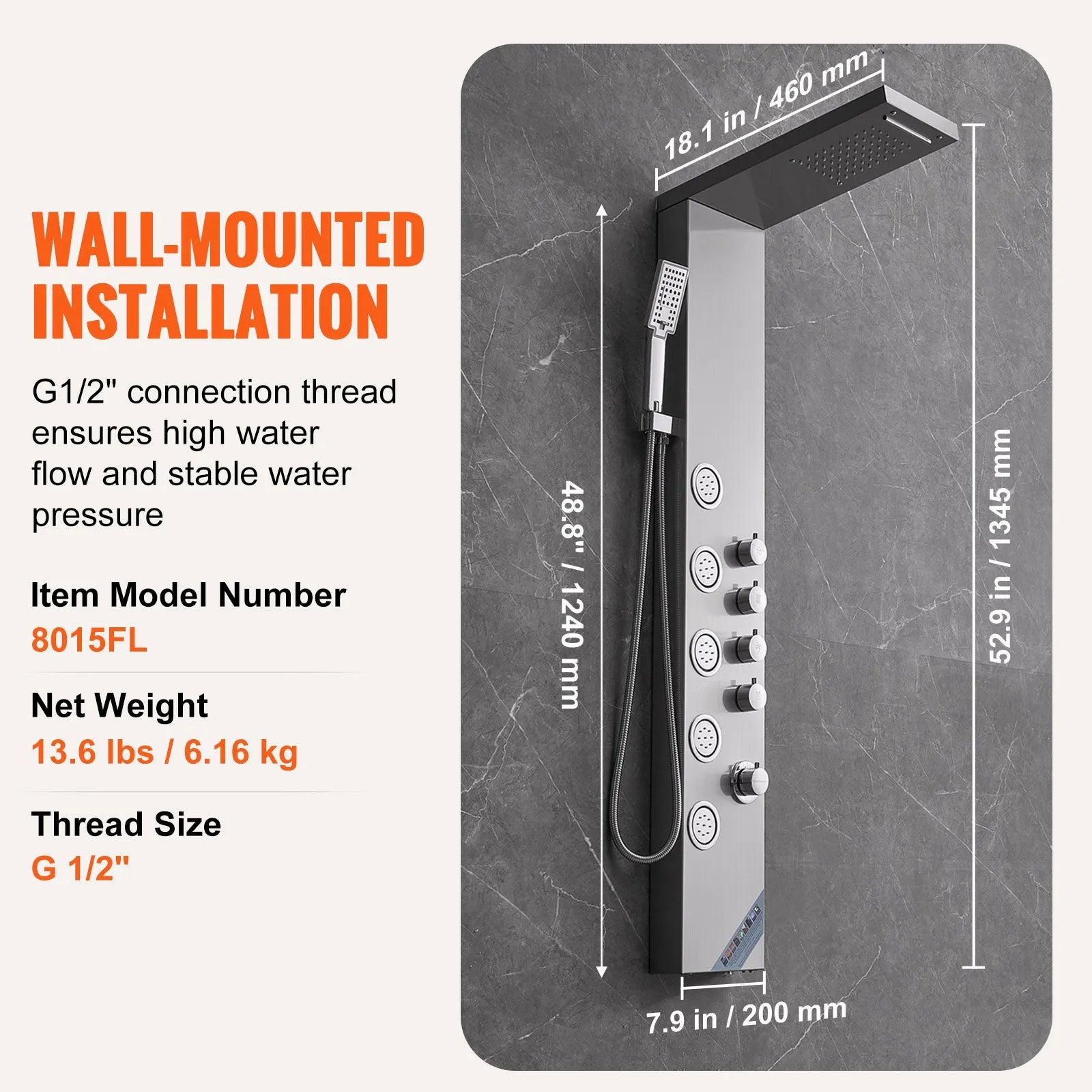 VEVOR Shower Panel System, 4 Shower Modes Shower Panel Tower, Rainfall, Waterfall, 5 Full Body Massage Jets and 3-Setting Handheld Shower Head with 59" Hose, Stainless Steel Wall-Mounted Shower Set