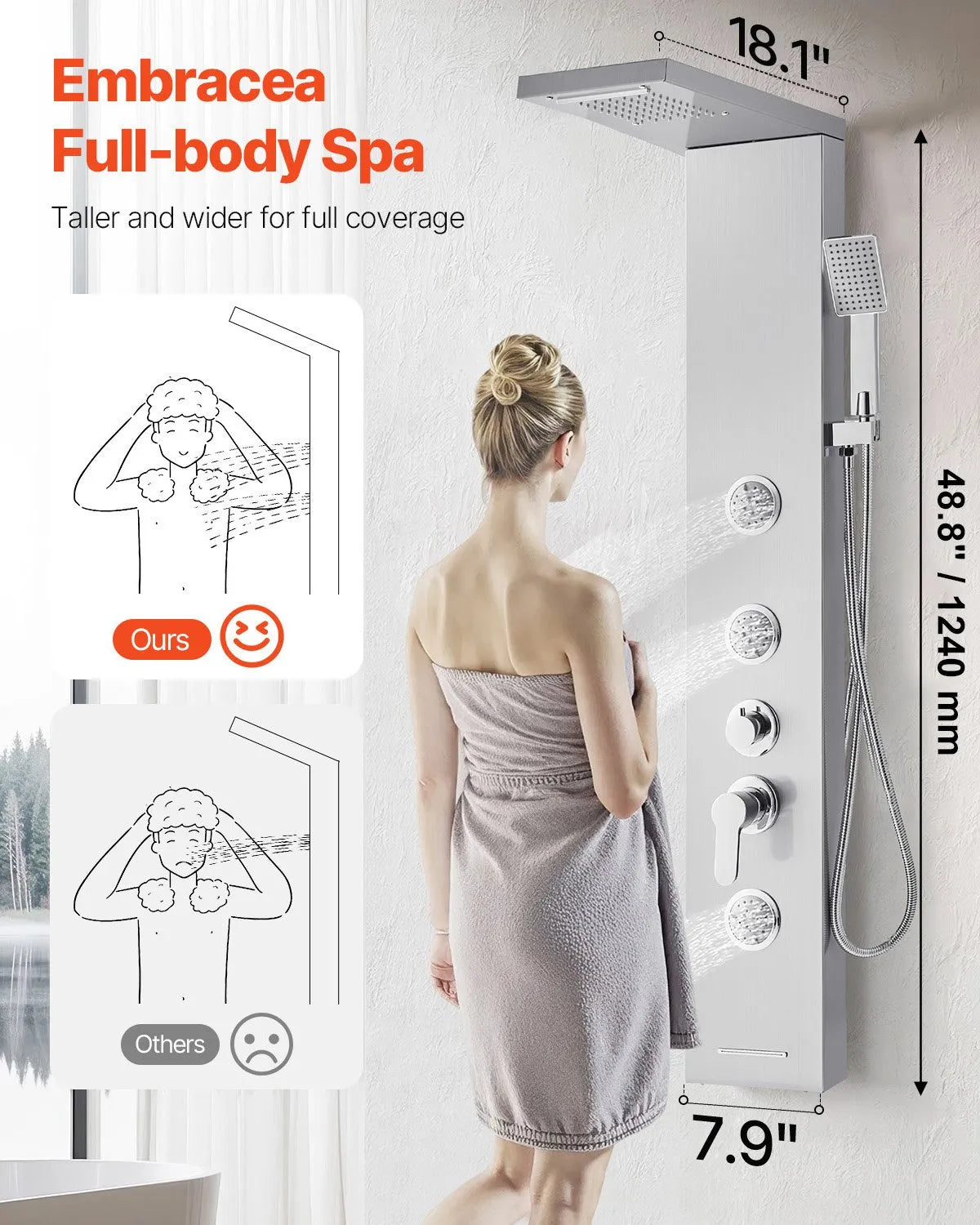 VEVOR Shower Panel Tower System with Rainfall Waterfall Shower Head, 53 in Brushed Stainless Steel Shower Column, 5-Function Faucet, Wall-Mount Rain Massage System with 3 Body Jet, Handheld, Tub Spout 