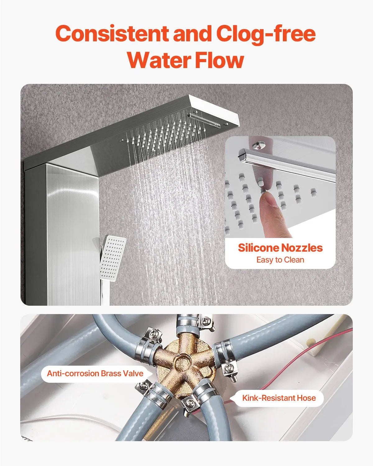 VEVOR Shower Panel Tower System with Rainfall Waterfall Shower Head, 53 in Brushed Stainless Steel Shower Column, 5-Function Faucet, Wall-Mount Rain Massage System with 3 Body Jet, Handheld, Tub Spout 