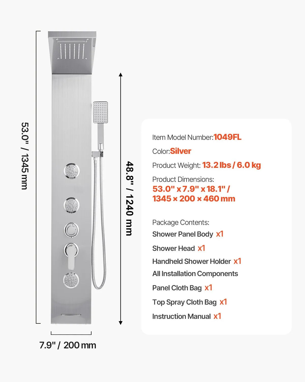 VEVOR Shower Panel Tower System with Rainfall Waterfall Shower Head, 53 in Brushed Stainless Steel Shower Column, 5-Function Faucet, Wall-Mount Rain Massage System with 3 Body Jet, Handheld, Tub Spout 