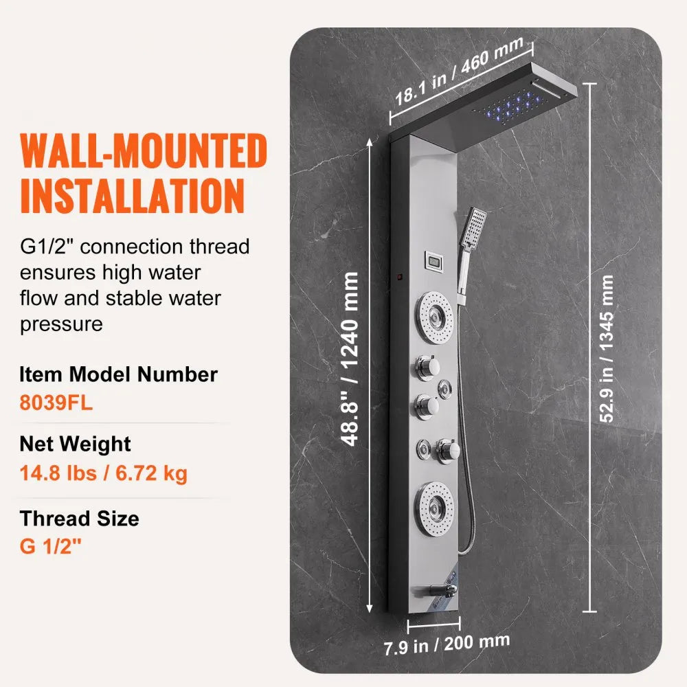 VEVOR Shower Panel System, 6 Shower Modes, LED & Display Shower Panel Tower, Rainfall, Waterfall, 4 Body Massage Jets, Tub Spout, Handheld Shower Head 59" Hose, Stainless Steel Wall-Mounted Shower Set