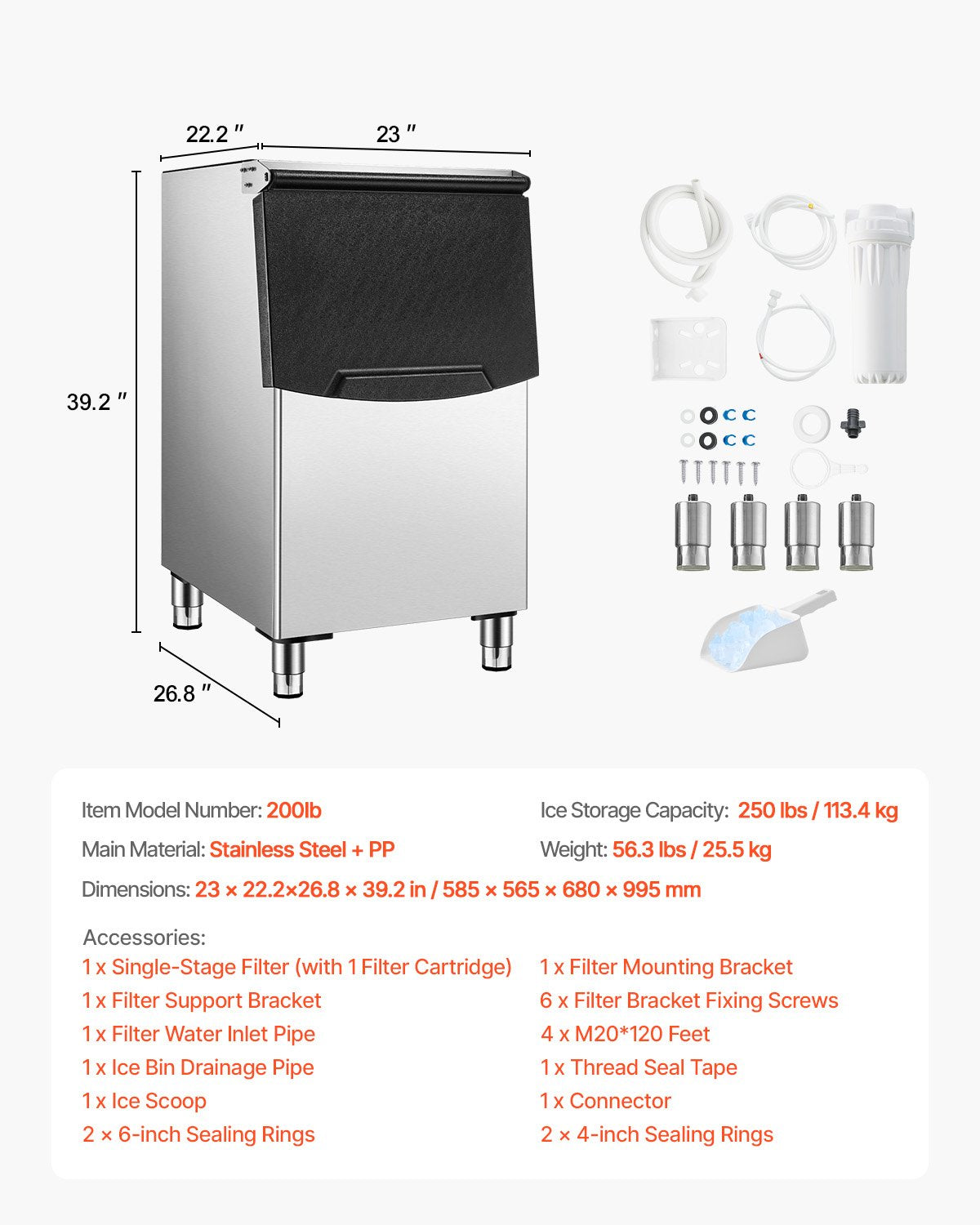 VEVOR Commercial Ice Maker Storage Bin 250lbs Capacity Ice Bin with Filter 
