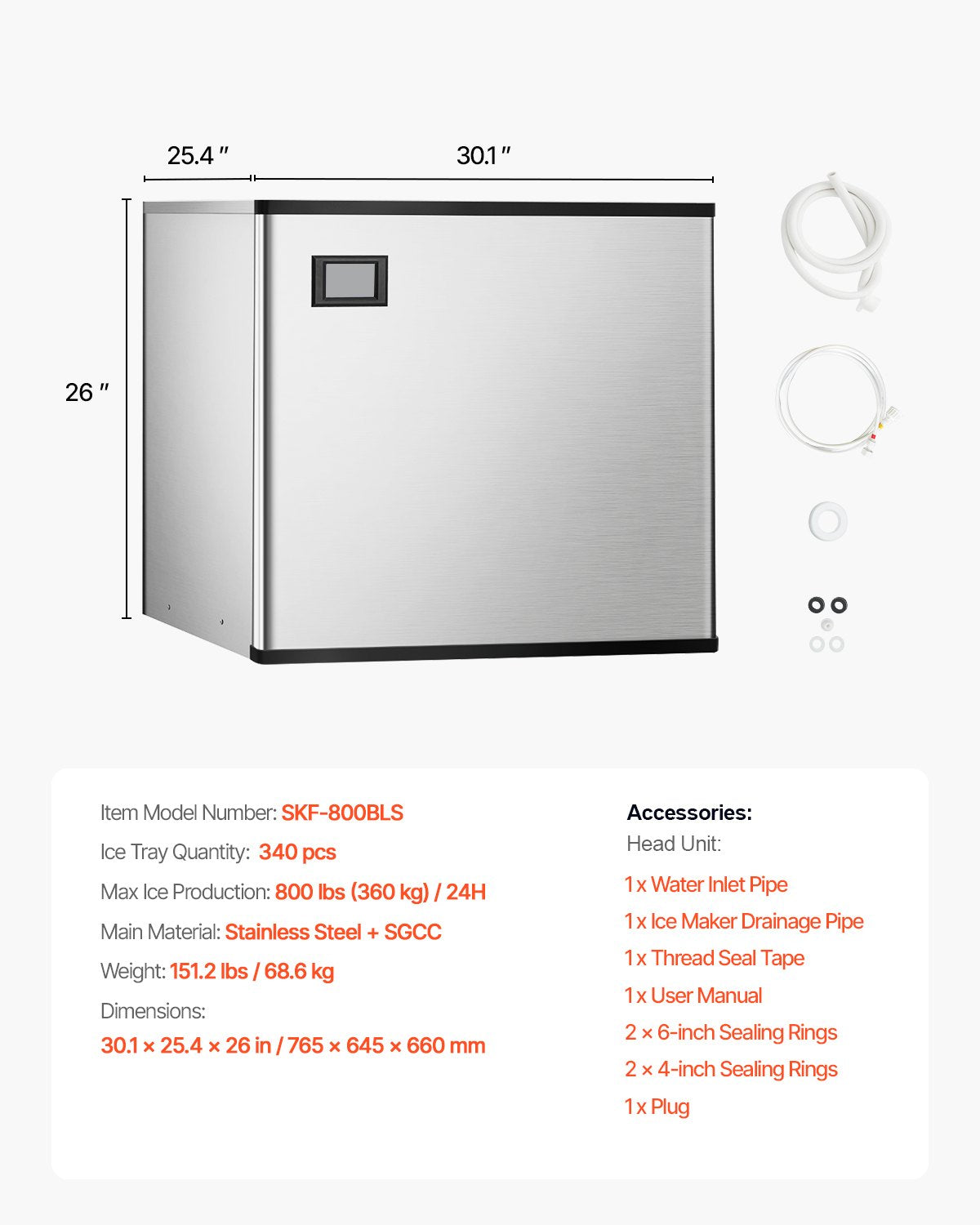 VEVOR Commercial Ice Maker 800 lbs/24 h Self-Cleaning Ice Machine - Head Only 
