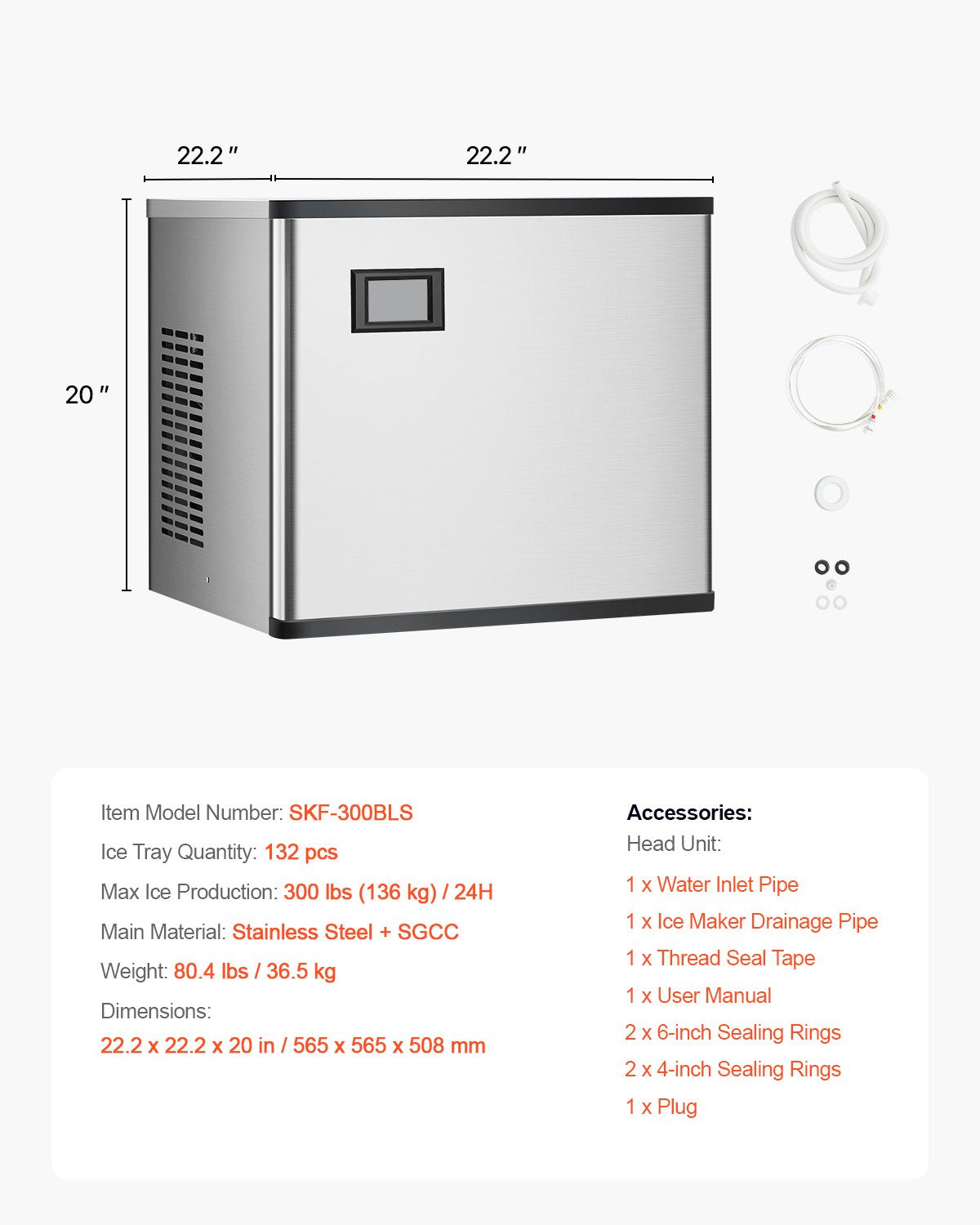 VEVOR Commercial Ice Maker 300 lbs/24 h Self-Cleaning Ice Machine - Head Only 