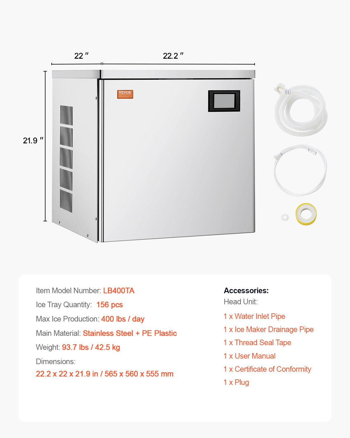 VEVOR Commercial Ice Maker 400 lbs/Day Self-Cleaning Ice Machine - Head Only 