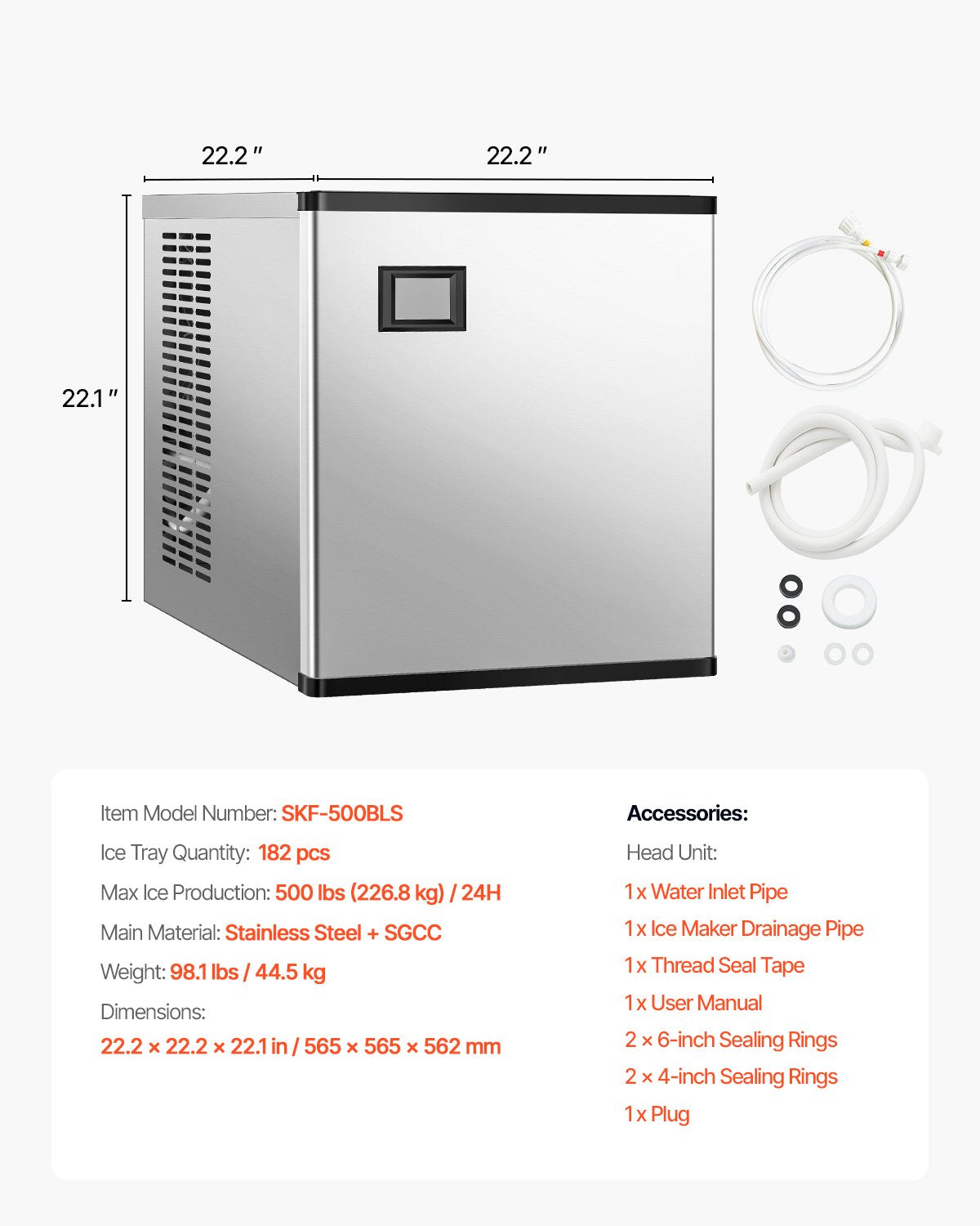 VEVOR Commercial Ice Maker 500 lbs/24 h Self-Cleaning Ice Machine - Head Only 