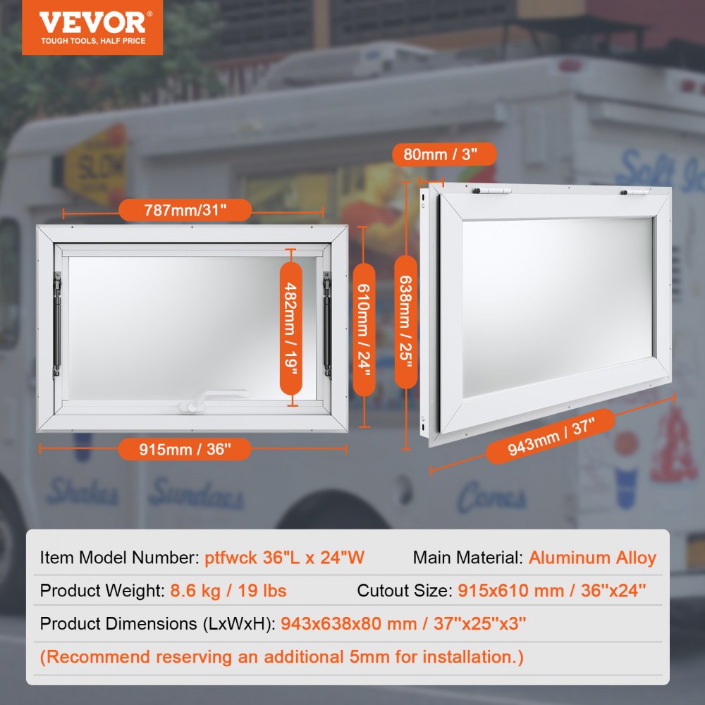 VEVOR Concession Window 36"x24", Aluminum Alloy Food Truck Service Window with Awning Door & Drag Hook, Up to 85 Degrees Stand Serving Window for Food Trucks Concession Trailers, Glass Not Included 