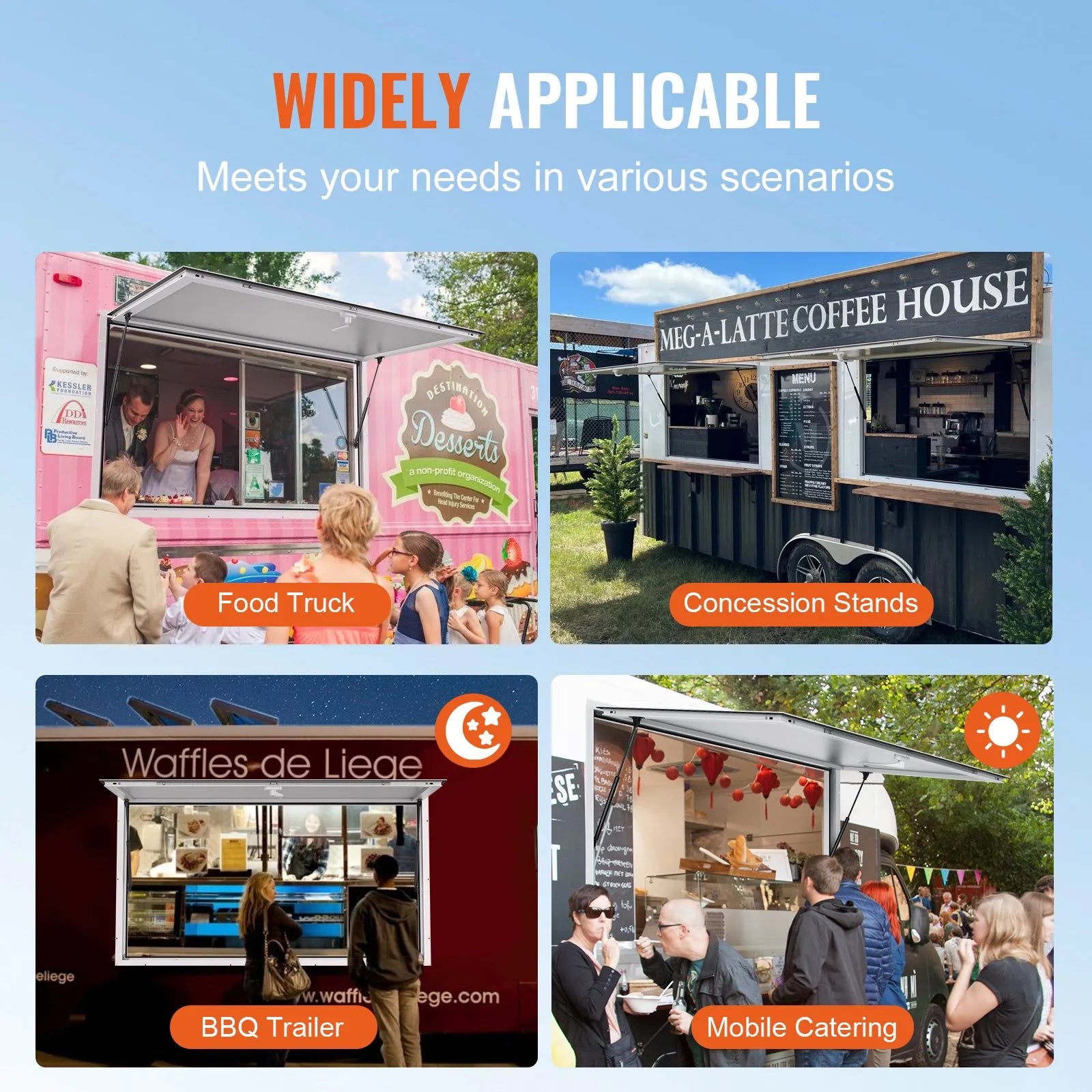 VEVOR Concession Window 36"x36", Aluminum Alloy Food Truck Service Window with Awning Door & Drag Hook, Up to 85 Degrees Stand Serving Window for Food Trucks Concession Trailers, Glass Not Included