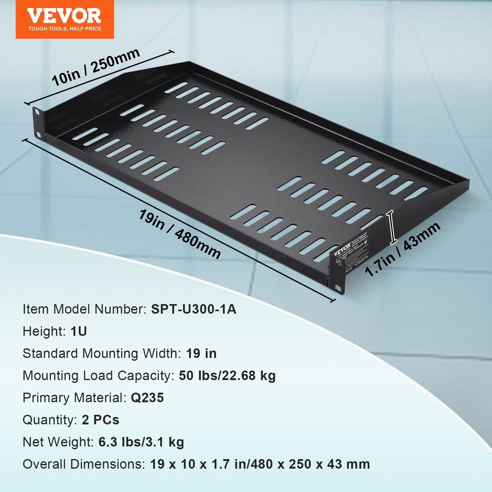 VEVOR 2PCS 1U Server Rack Shelf 10"/254 mm Depth Vented Rack Mount Shelf Tray 