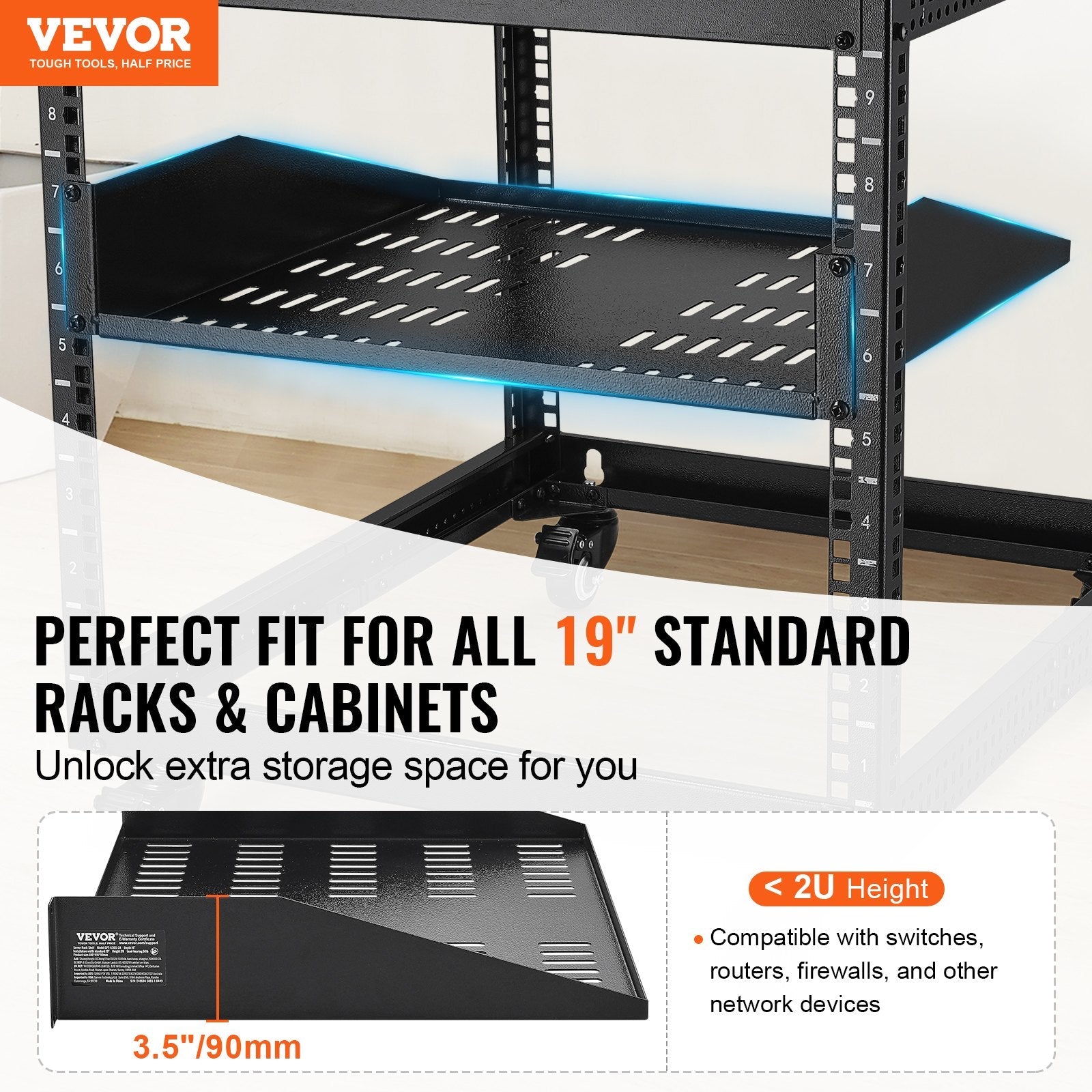 VEVOR 2U Server Rack Shelf 16"/406 mm Depth Vented Rack Mount Shelf with Tray 