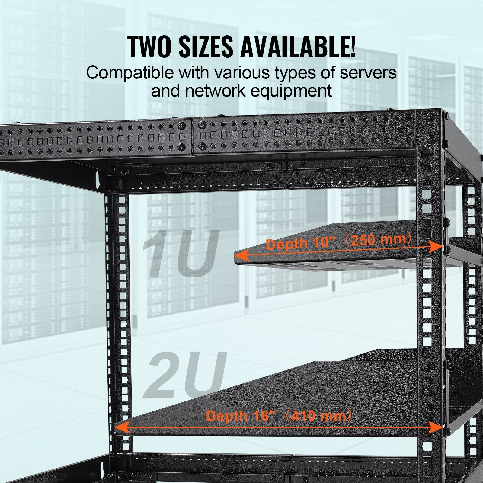 VEVOR 2U Server Rack Shelf 16"/406 mm Depth Vented Rack Mount Shelf with Tray 