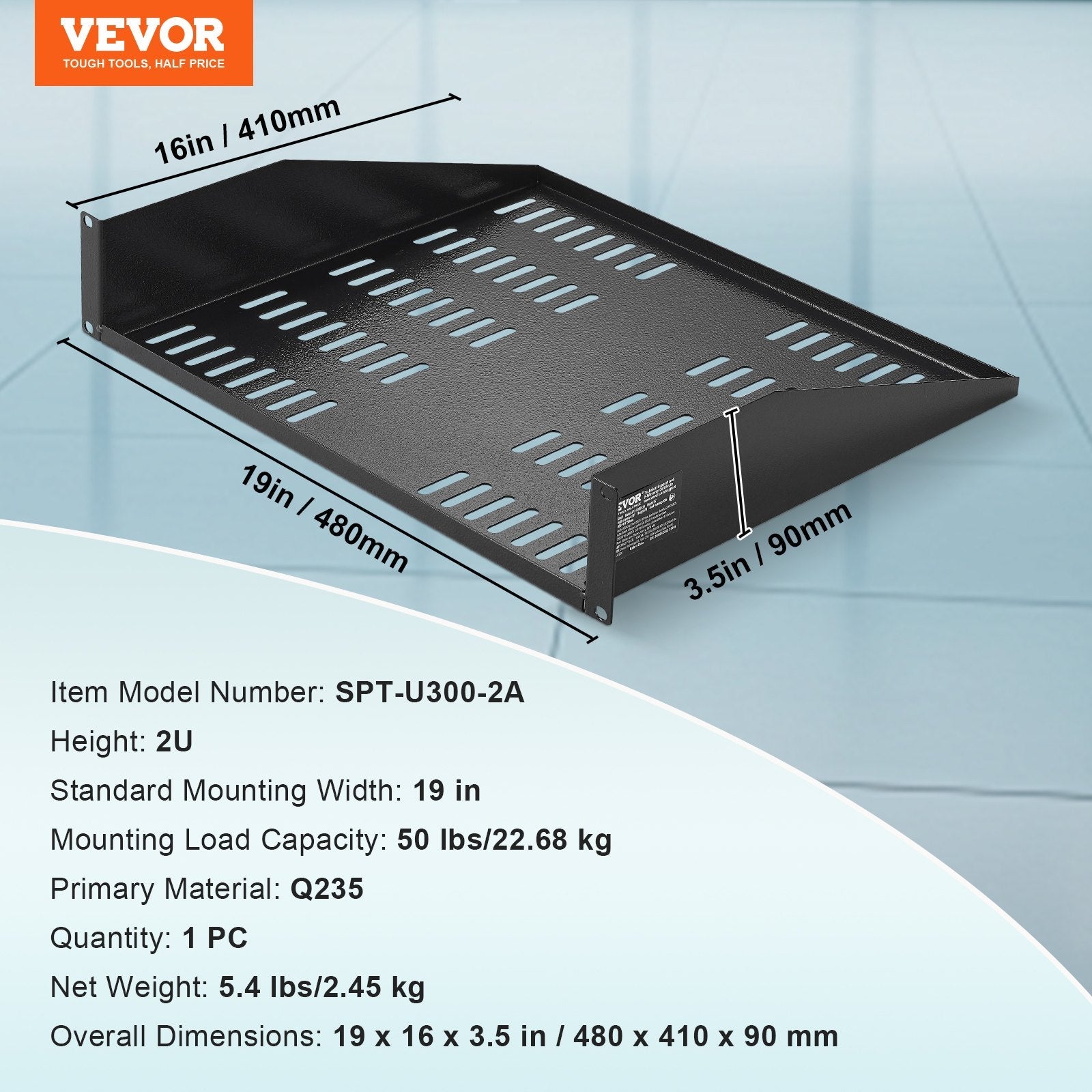 VEVOR 2U Server Rack Shelf 16"/406 mm Depth Vented Rack Mount Shelf with Tray 