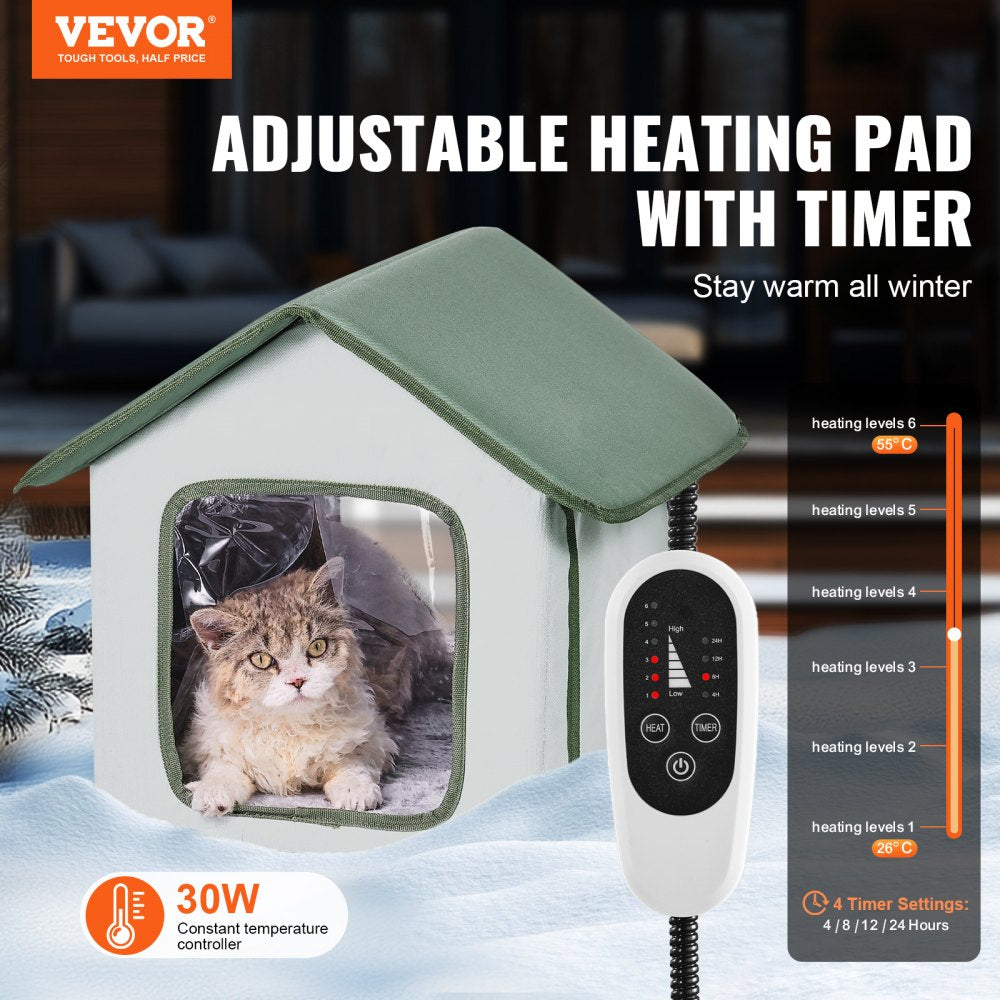 VEVOR Elevated Heated Cat House Outdoor Kitty Shelter with Heated Pad Green (S) 