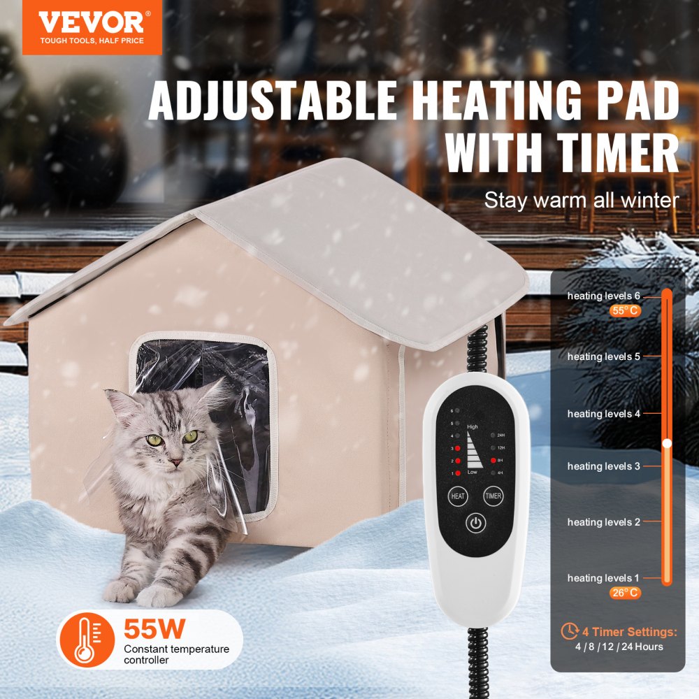 VEVOR Elevated Heated Cat House Kitty Shelter with Heated Pad Brown Middle 