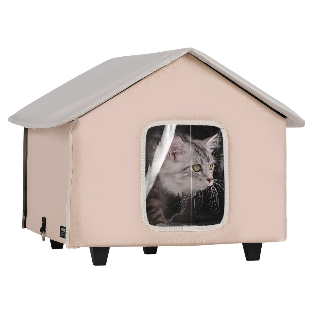 VEVOR Elevated Heated Cat House Kitty Shelter with Heated Pad Brown Middle 