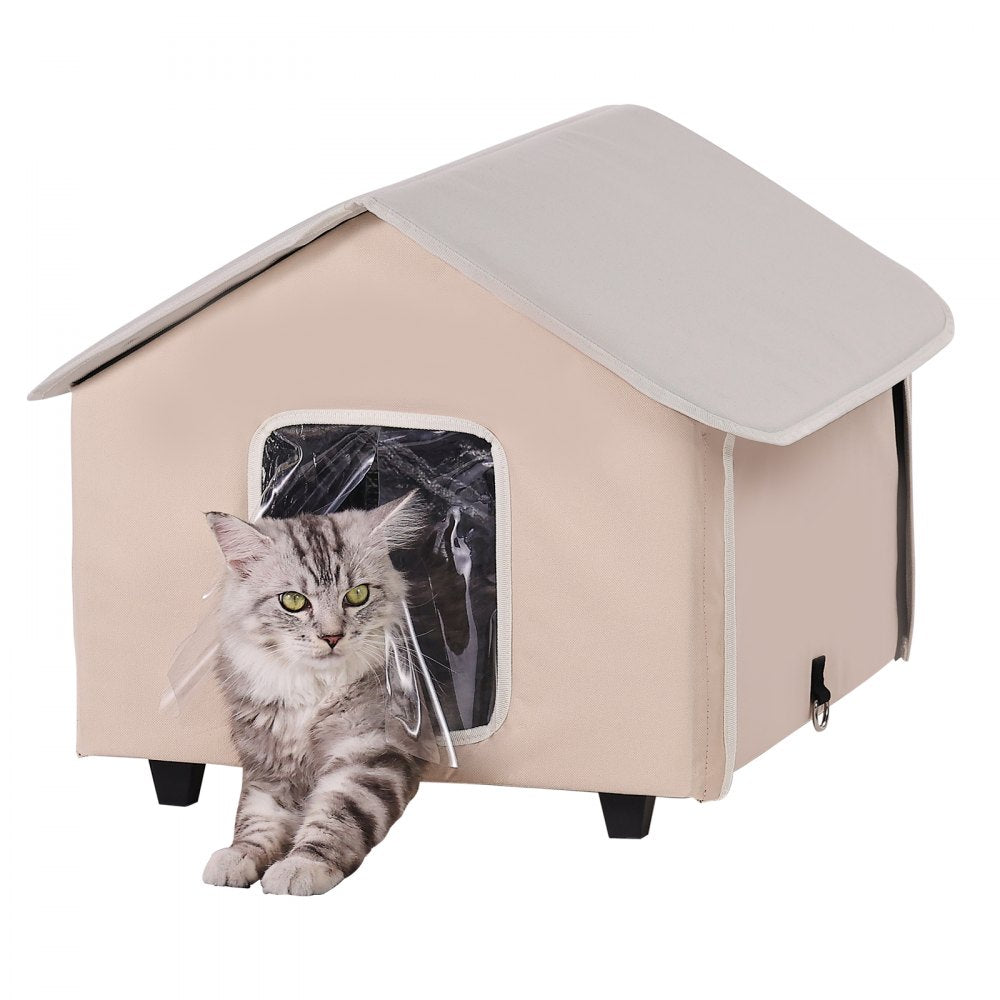 VEVOR Elevated Heated Cat House Kitty Shelter with Heated Pad Brown Middle 