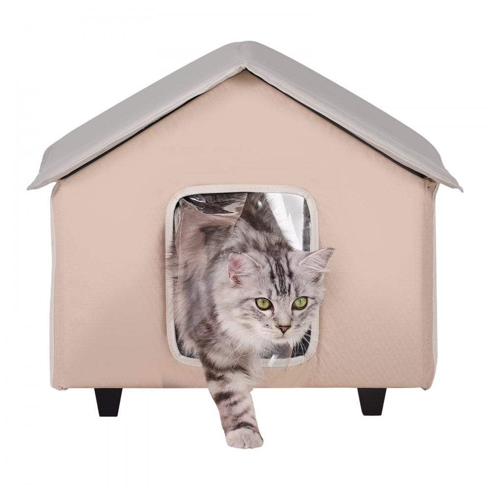 VEVOR Elevated Heated Cat House Kitty Shelter with Heated Pad Brown Middle 