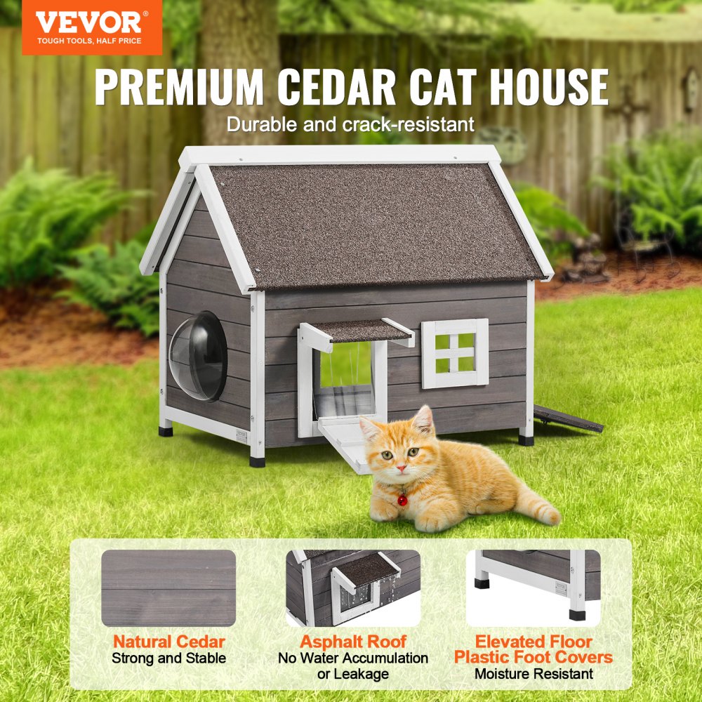 VEVOR Outdoor Cat House Wooden Feral Cat Shelter with Roof Door Flaps & Window 