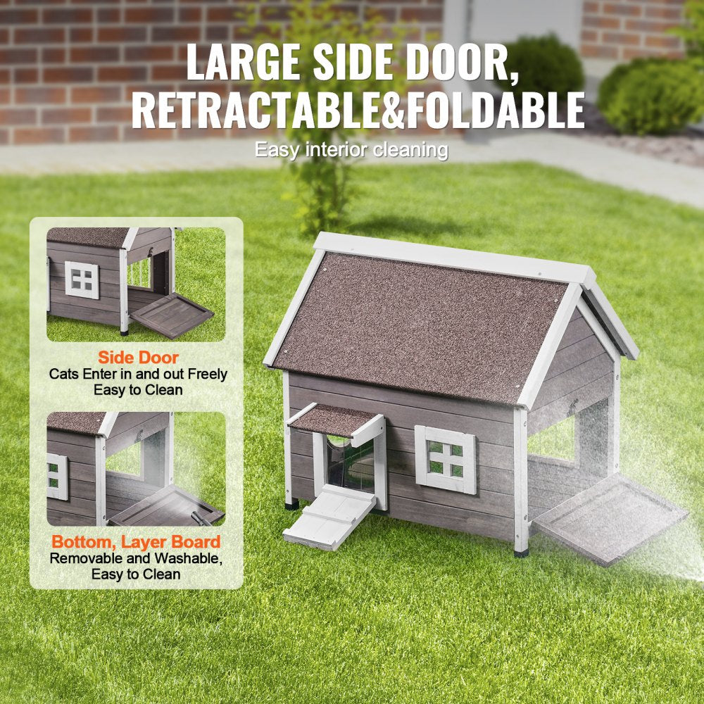 VEVOR Outdoor Cat House Wooden Feral Cat Shelter with Roof Door Flaps & Window 