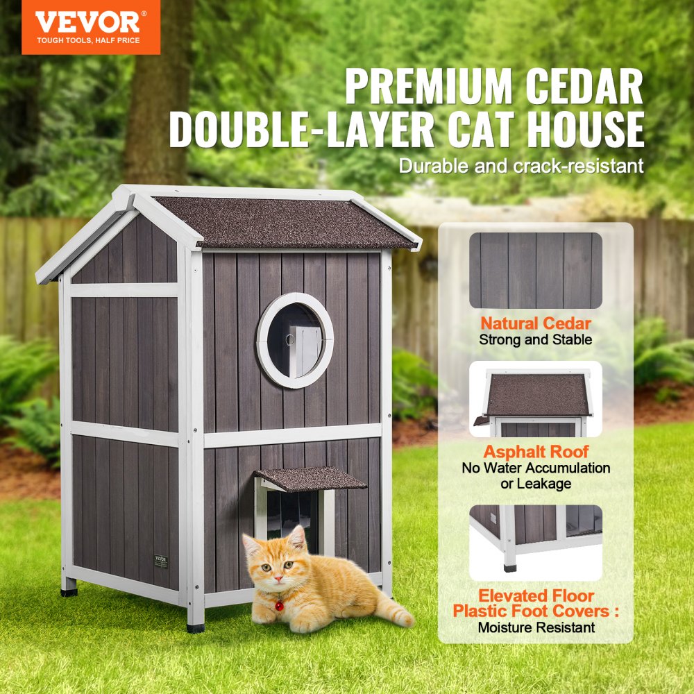 VEVOR Outdoor Cat House 2-story Wooden Feral Cat Shelter with Roof & Door Flaps 