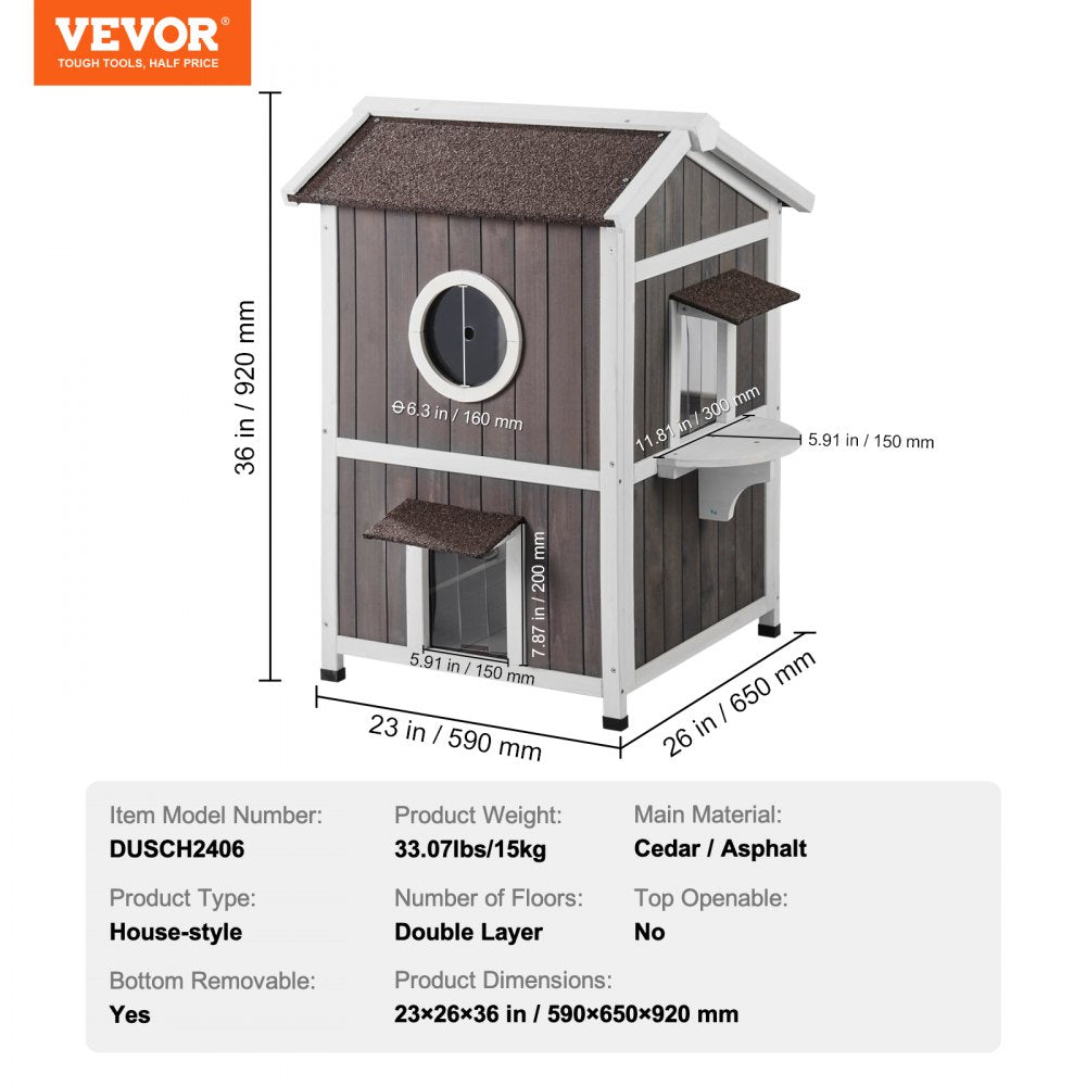 VEVOR Outdoor Cat House 2-story Wooden Feral Cat Shelter with Roof & Door Flaps 