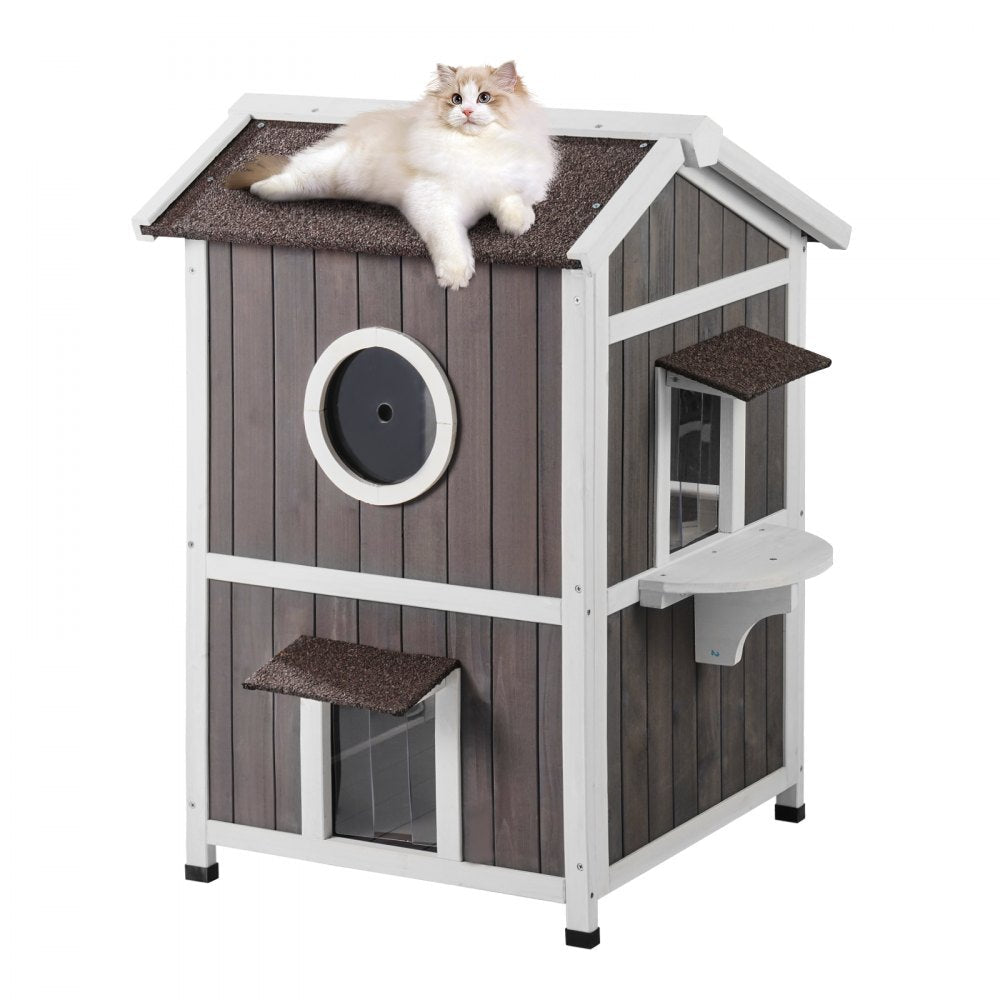 VEVOR Outdoor Cat House 2-story Wooden Feral Cat Shelter with Roof & Door Flaps 