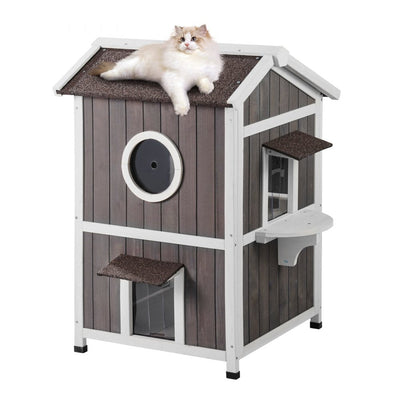 VEVOR Outdoor Cat House 2-story Wooden Feral Cat Shelter with Roof & Door Flaps 