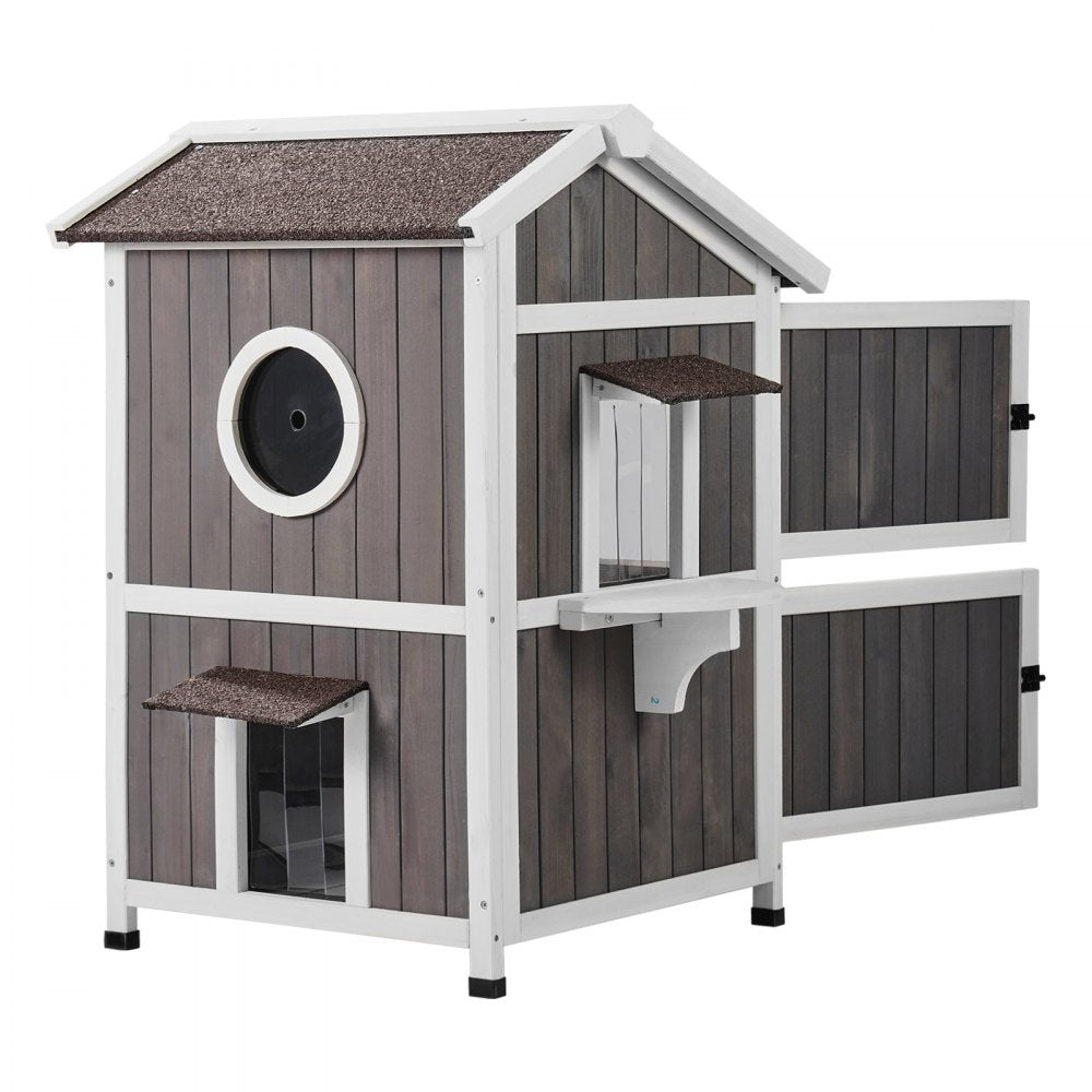 VEVOR Outdoor Cat House 2-story Wooden Feral Cat Shelter with Roof & Door Flaps 
