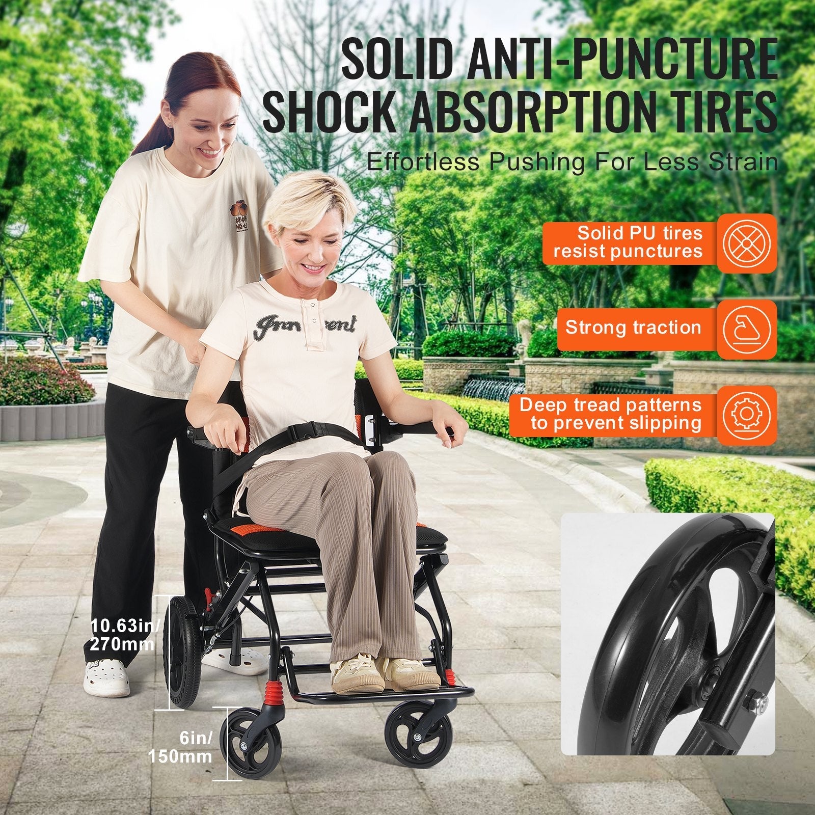 VEVOR Wheelchair Aluminum Alloy Transport Chair Foldable 18-In W Seat 220lbs 