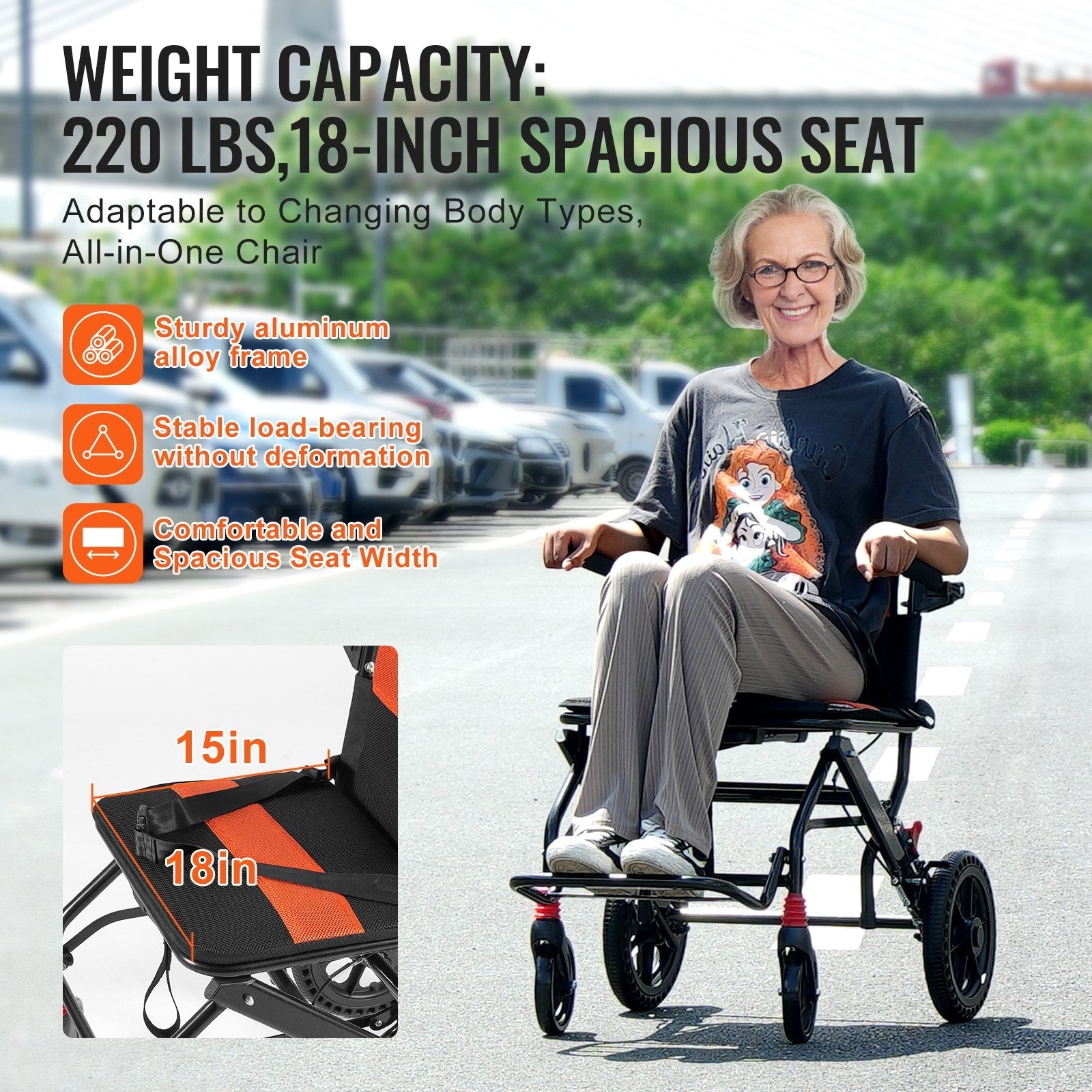 VEVOR Wheelchair Aluminum Alloy Transport Chair Foldable 18-In W Seat 220lbs 