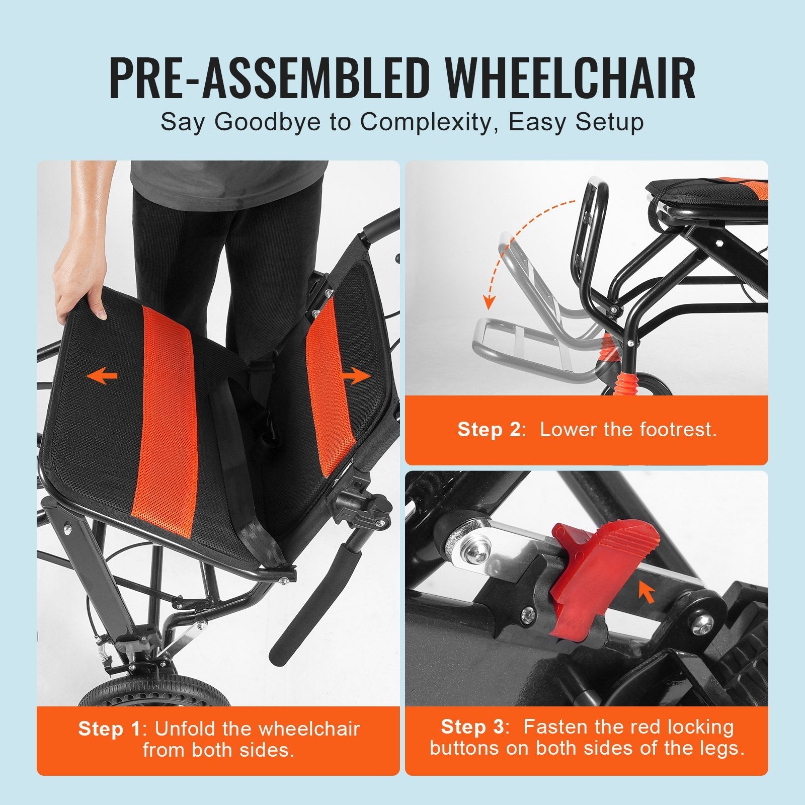 VEVOR Wheelchair Aluminum Alloy Transport Chair Foldable 18-In W Seat 220lbs 