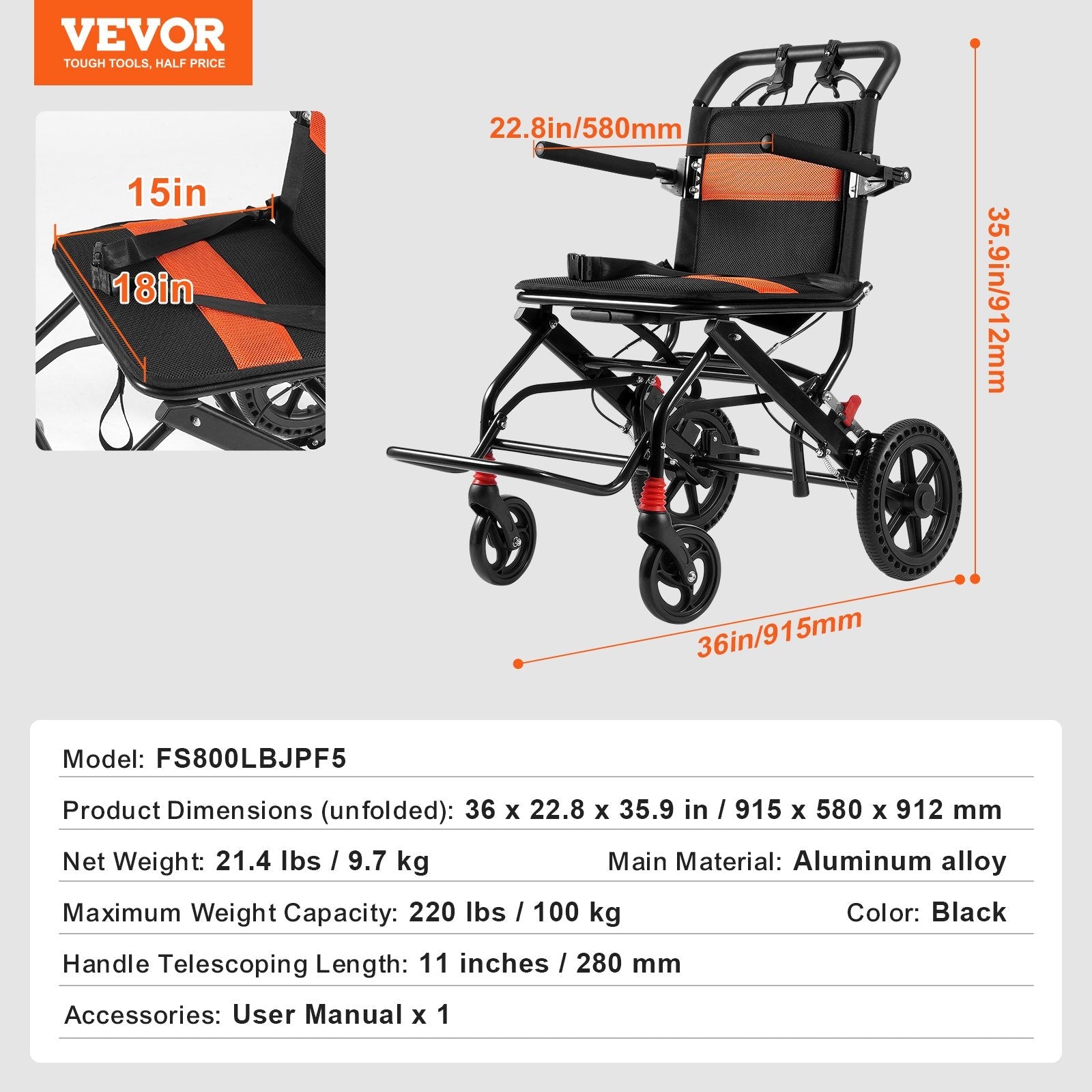VEVOR Wheelchair Aluminum Alloy Transport Chair Foldable 18-In W Seat 220lbs 