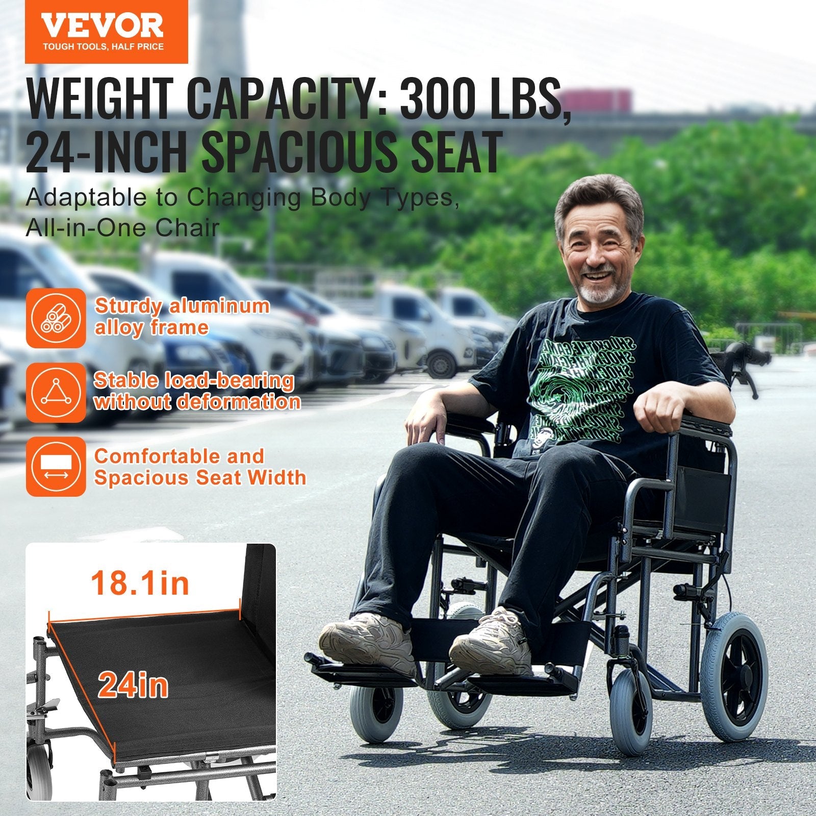 VEVOR Wheelchair Steel Transport Chair Foldable Wheelchair 24-In W Seat 300lbs 