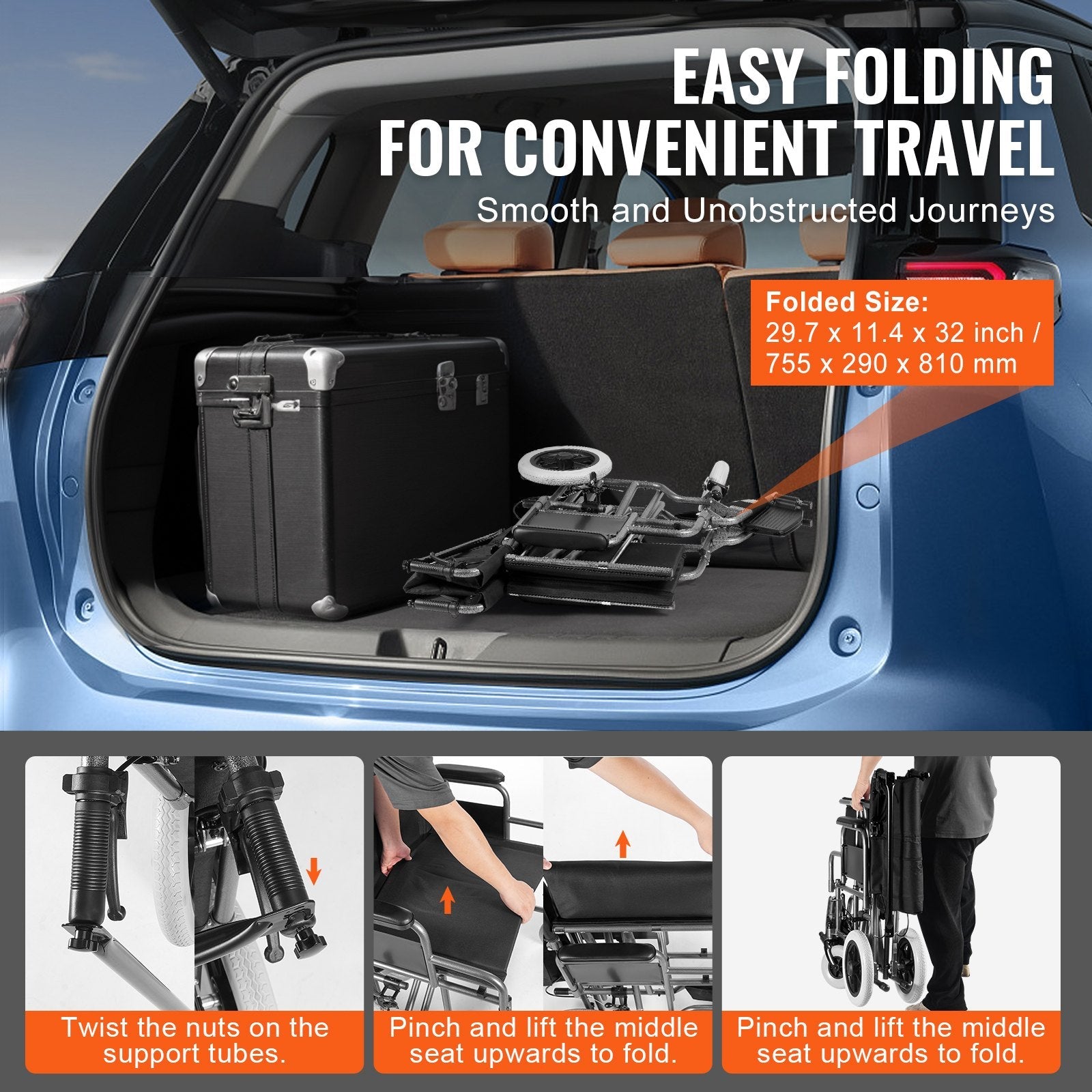 VEVOR Wheelchair Steel Transport Chair Foldable Wheelchair 24-In W Seat 300lbs 