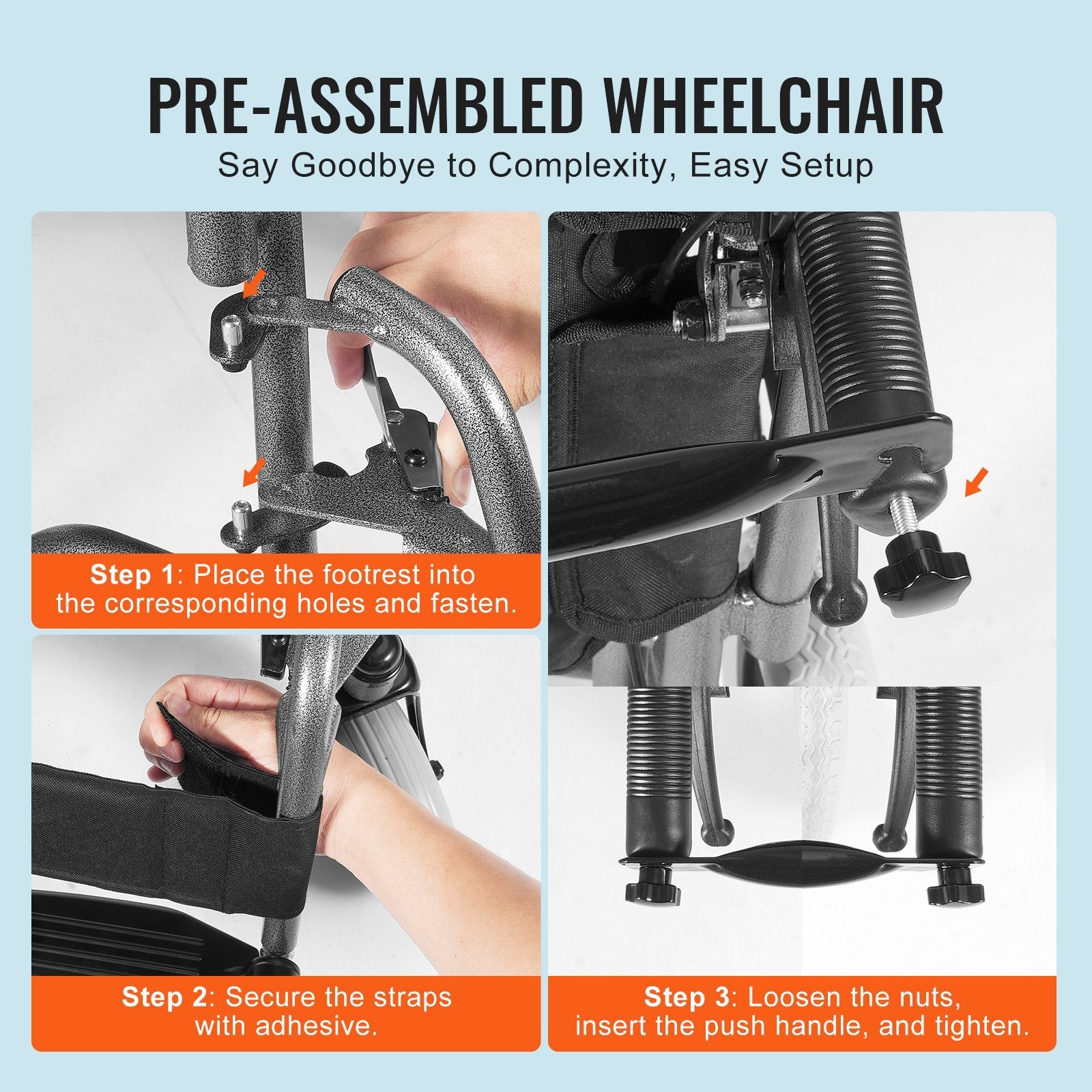 VEVOR Wheelchair Steel Transport Chair Foldable Wheelchair 24-In W Seat 300lbs 