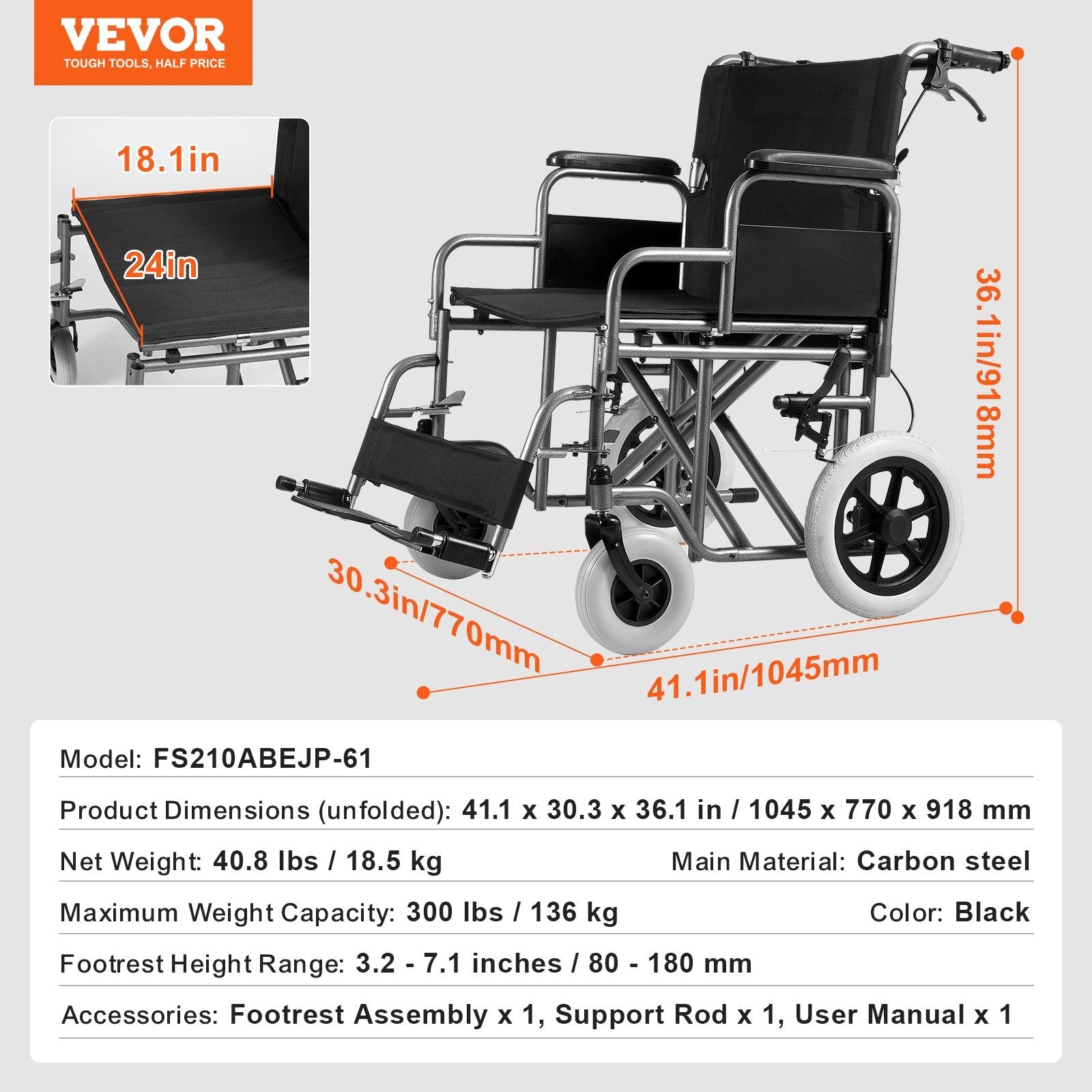 VEVOR Wheelchair Steel Transport Chair Foldable Wheelchair 24-In W Seat 300lbs 