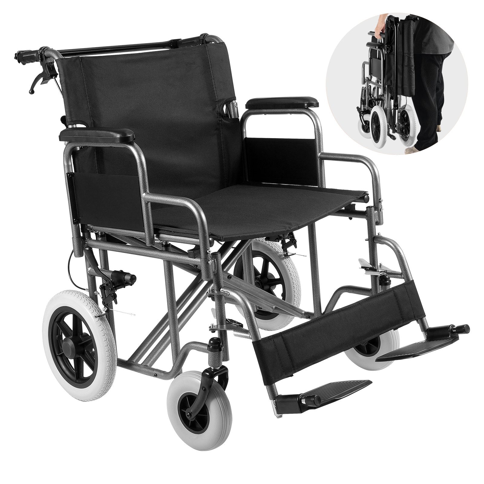 VEVOR Wheelchair Steel Transport Chair Foldable Wheelchair 24-In W Seat 300lbs 