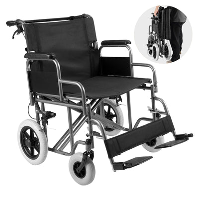 VEVOR Wheelchair Steel Transport Chair Foldable Wheelchair 24-In W Seat 300lbs 