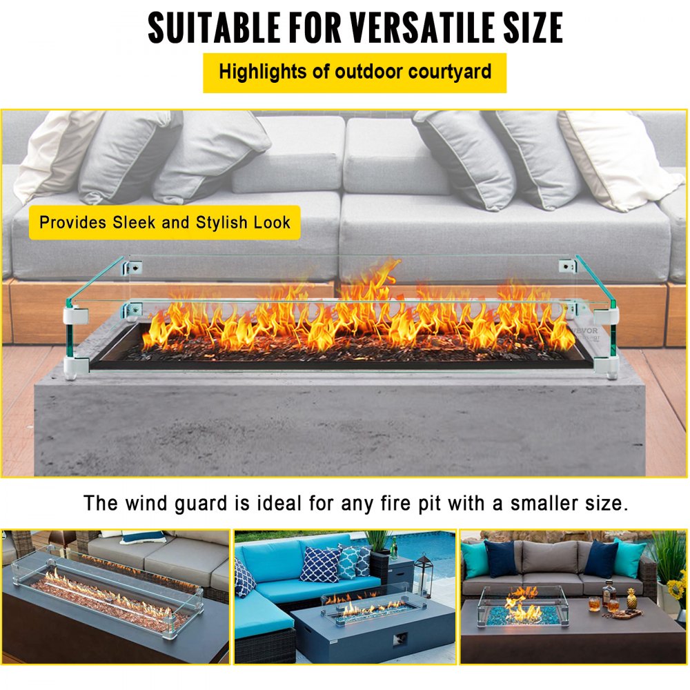 VEVOR Fire Pit Wind Guard, 35.5 x 11.5 x 6 inch Glass Flame Guard, Oblong Glass Shield, 0.3" Thick Fire Table, Clear Tempered Glass Flame Guard, Steady Feet Tree Pit Guard for Propane, Gas, Outdoor 
