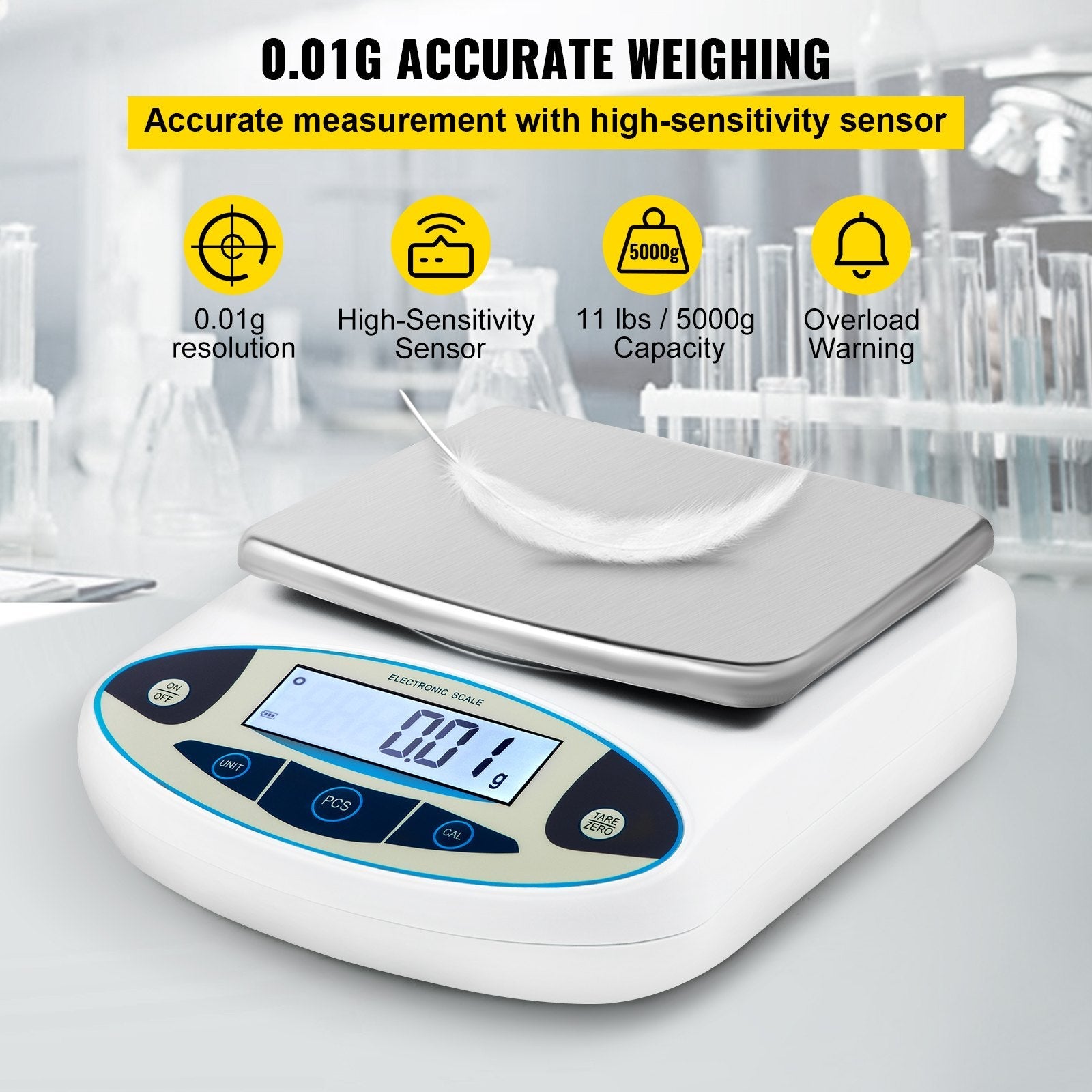 VEVOR Analytical Balance, 5000g x 0.01g Accuracy Lab Scale, High Precision Electronic Analytical Balance, 13 Units Conversion, Counting Function, LCD Display, for Lab University Jewelry (5000g, 0.01g) 