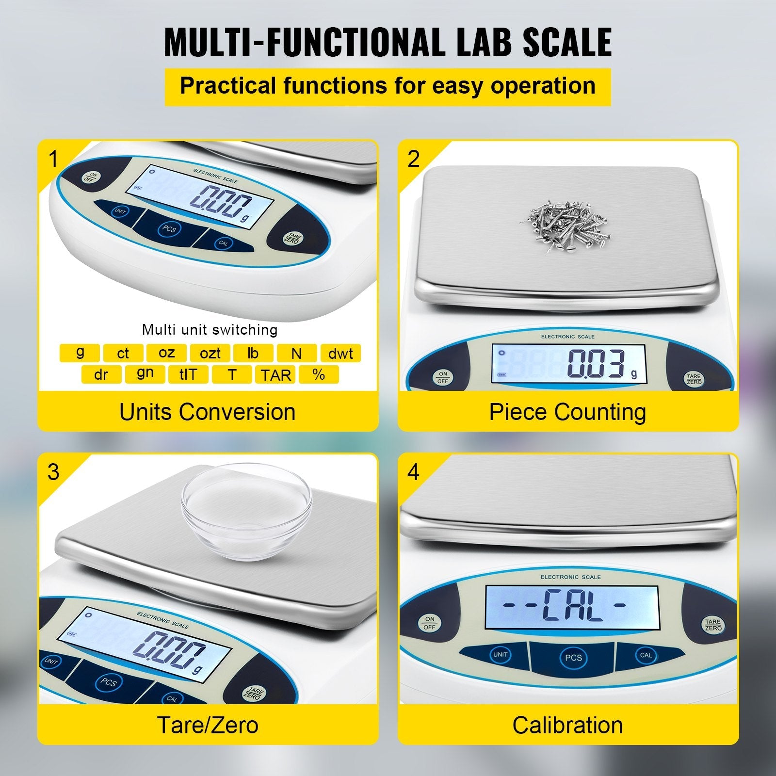 VEVOR Analytical Balance, 5000g x 0.01g Accuracy Lab Scale, High Precision Electronic Analytical Balance, 13 Units Conversion, Counting Function, LCD Display, for Lab University Jewelry (5000g, 0.01g) 